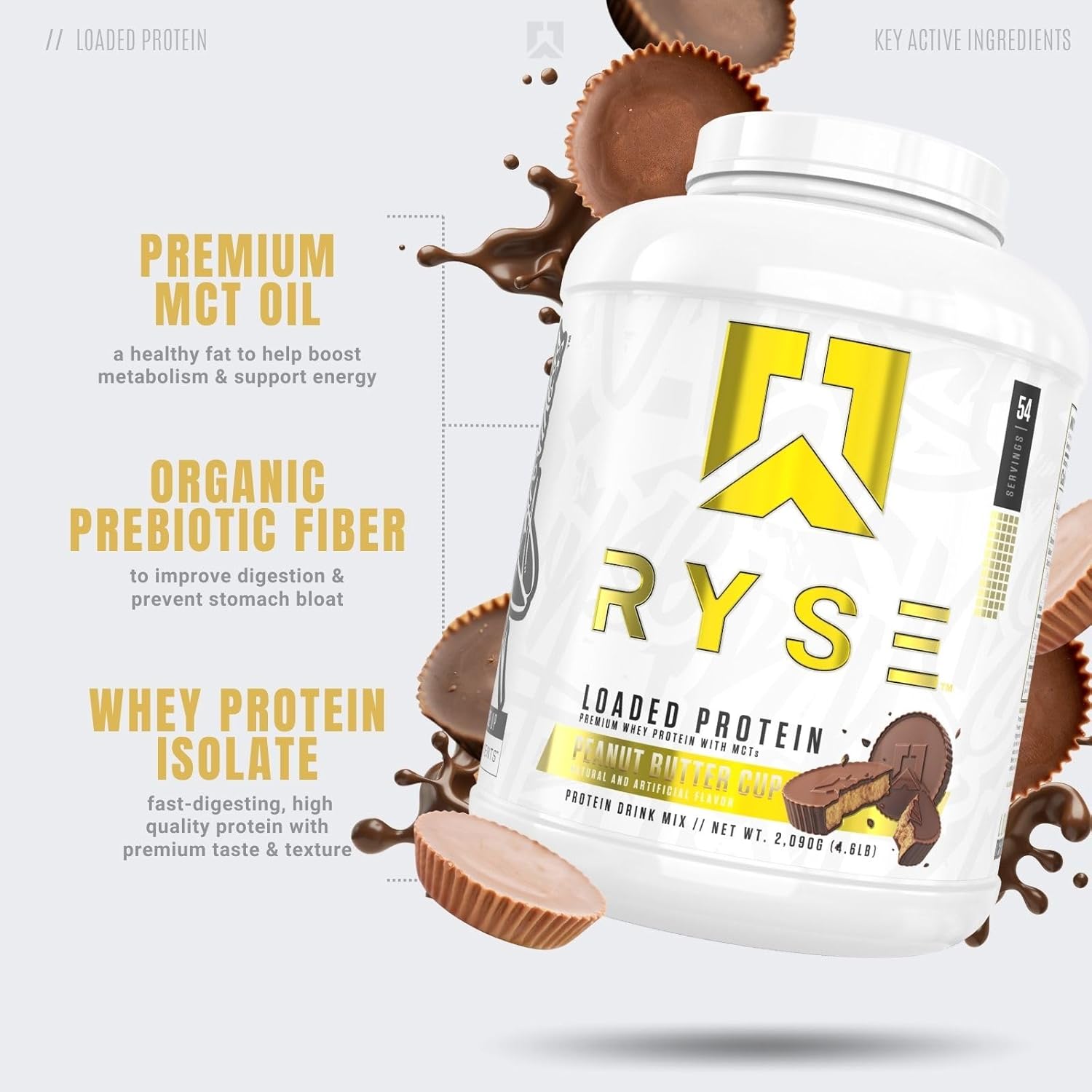پودر پروتئین وی ایزوله رایز ساپلیمنتس مدل Loaded Whey، ۲۵ گرم پروتئین، ۵۴ سروینگ و طعم شکلات و کره بادام‌زمینی