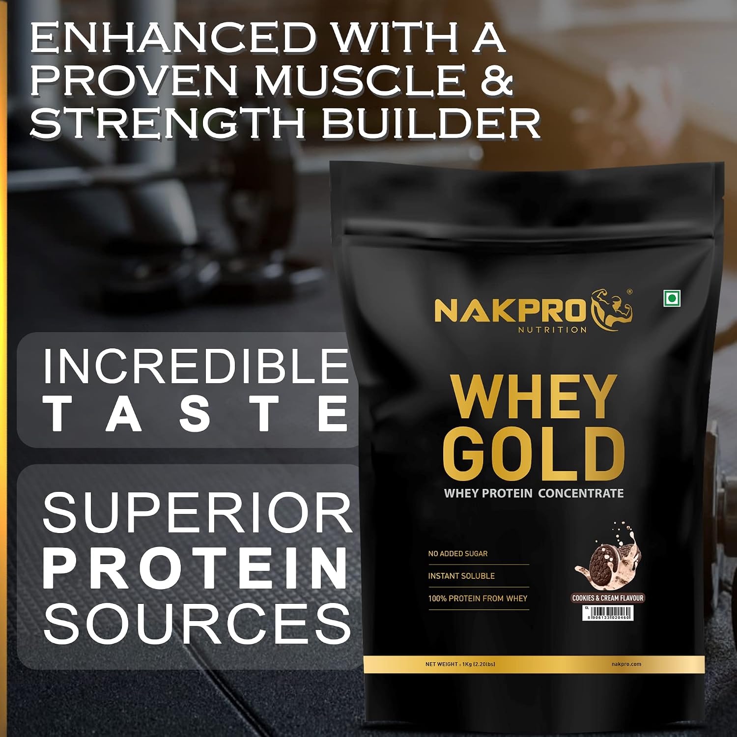 پودر پروتئین وی ناک‌پرو مدل Gold Whey، ۲۵.۵ گرم پروتئین، بدون شکر افزوده، ۱ کیلوگرم و طعم کوکی و کرم