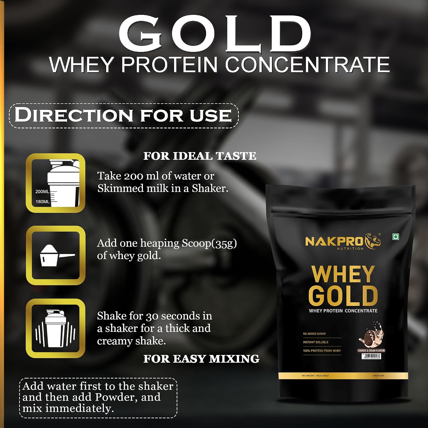 پودر پروتئین وی ناک‌پرو مدل Gold Whey، ۲۵.۵ گرم پروتئین، بدون شکر افزوده، ۱ کیلوگرم و طعم کوکی و کرم