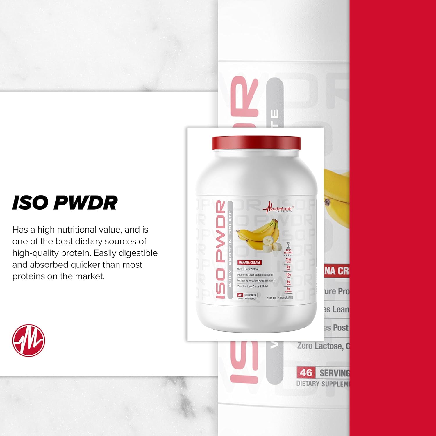 پودر پروتئین وی ایزوله متابولیک نوتریشن مدل ISO PWDR، ۲۶ گرم پروتئین، ۳.۰۴ پوند و طعم کرم موز