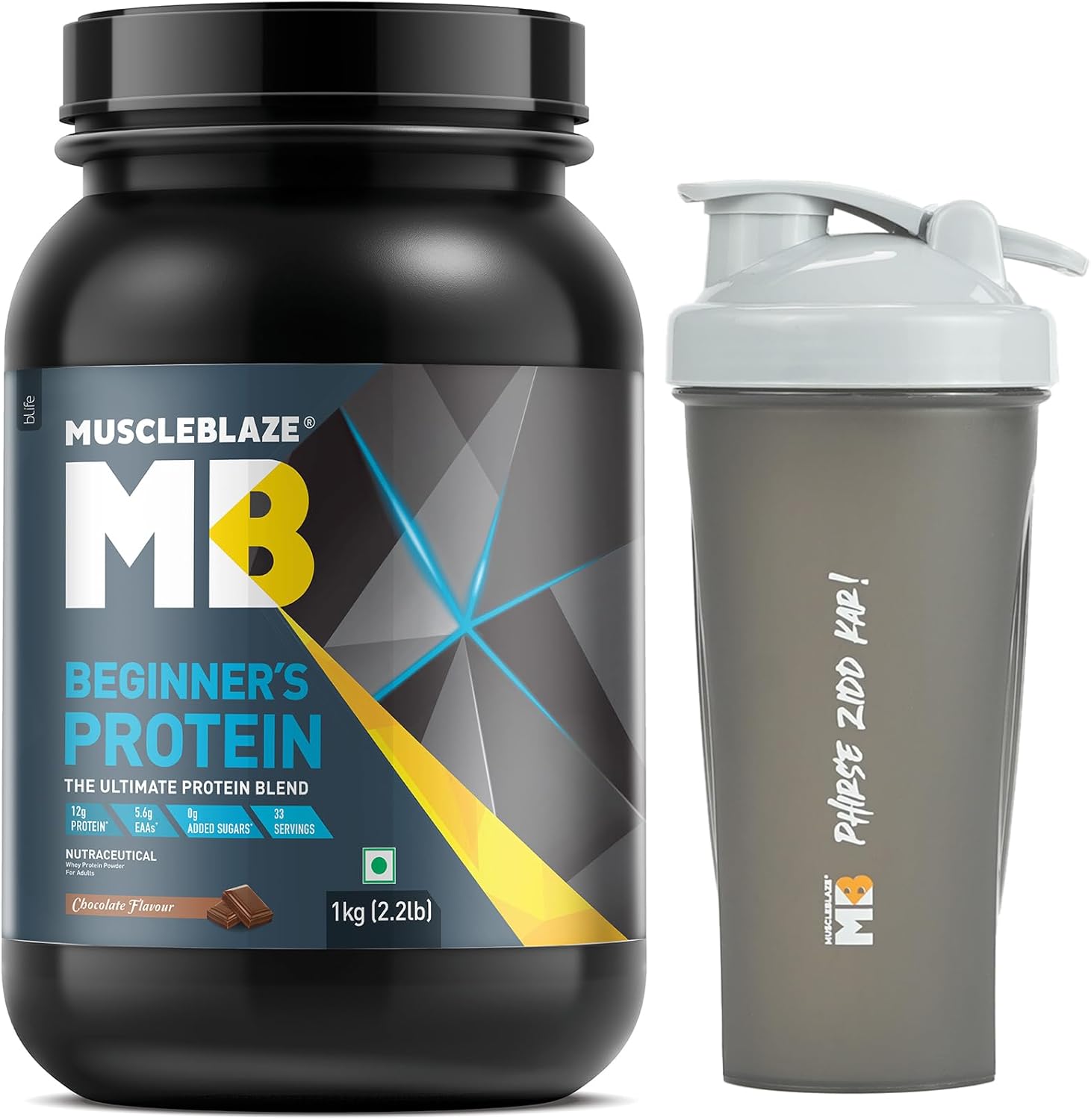 پودر پروتئین وی ماسل‌بلیز مدل Beginner's Protein، ۱۲ گرم پروتئین، بدون شکر افزوده، ۱ کیلوگرم و طعم شکلات