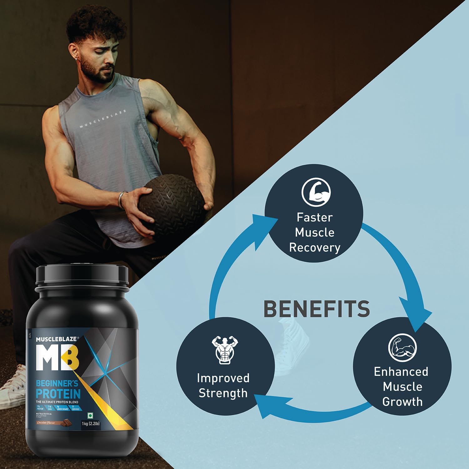 پودر پروتئین وی ماسل‌بلیز مدل Beginner's Protein، ۱۲ گرم پروتئین، بدون شکر افزوده، ۱ کیلوگرم و طعم شکلات