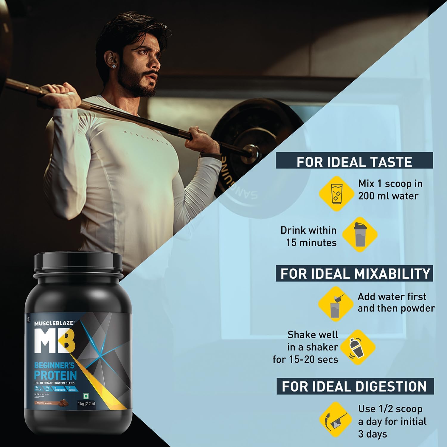 پودر پروتئین وی ماسل‌بلیز مدل Beginner's Protein، ۱۲ گرم پروتئین، بدون شکر افزوده، ۱ کیلوگرم و طعم شکلات