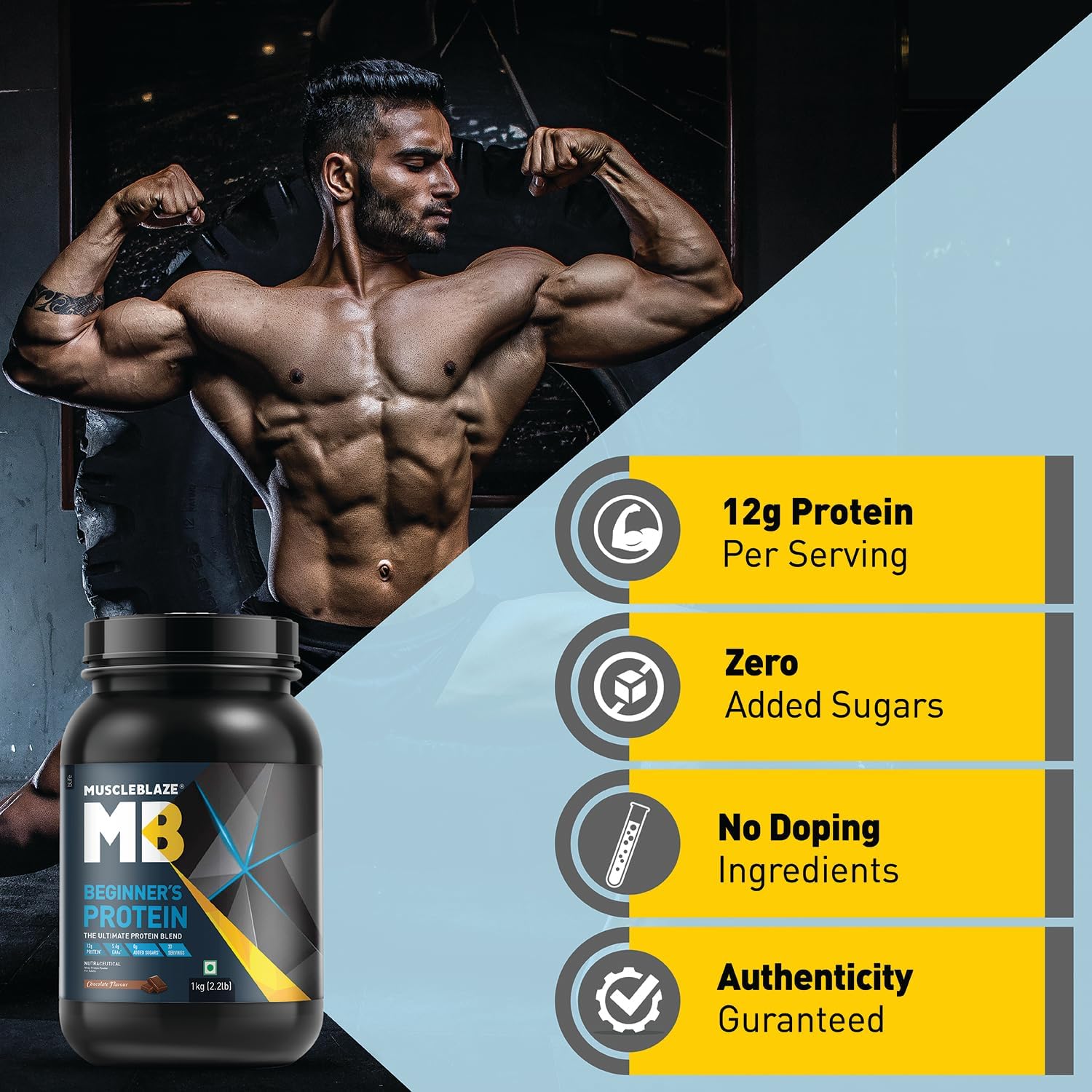 پودر پروتئین وی ماسل‌بلیز مدل Beginner's Protein، ۱۲ گرم پروتئین، بدون شکر افزوده، ۱ کیلوگرم و طعم شکلات