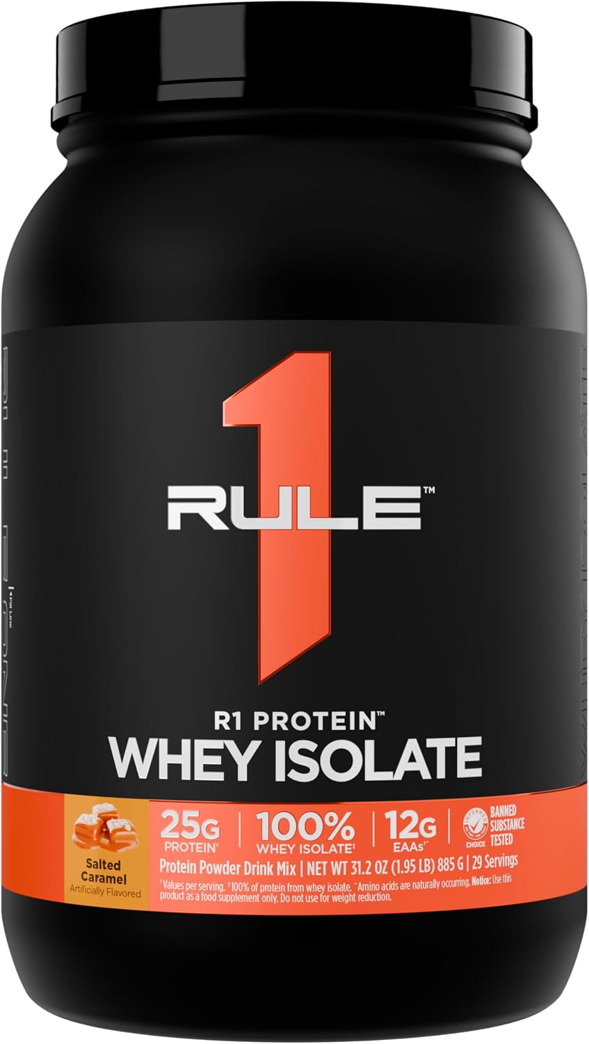 پودر پروتئین وی ایزوله رول وان پروتینز مدل R1 Protein، ۲۵ گرم پروتئین، ۱.۹۸ پوند و طعم کارامل کم‌نمک