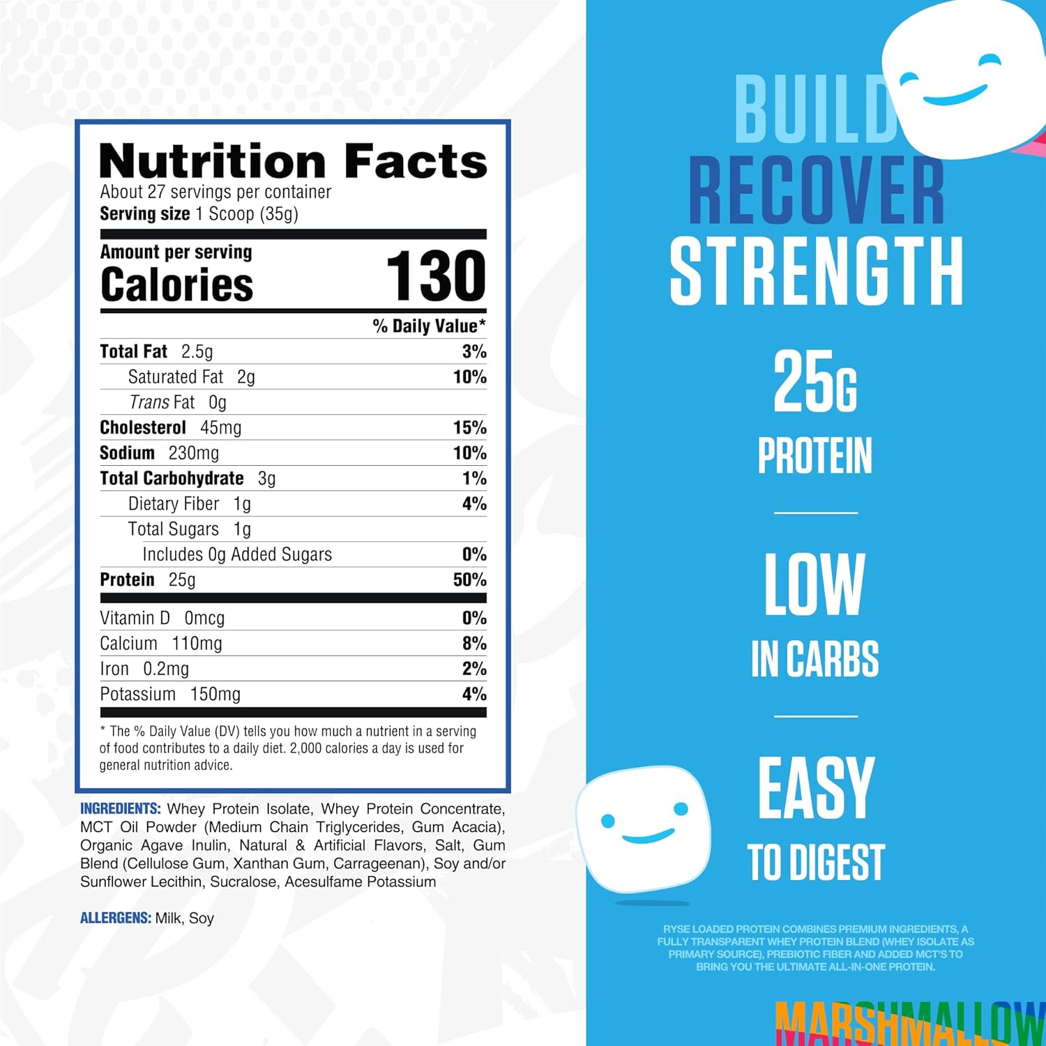 پودر پروتئین وی ایزوله رایز ساپلیمنتس مدل Loaded Whey، ۲۵ گرم پروتئین، ۲۷ سروینگ و طعم مارشمالو