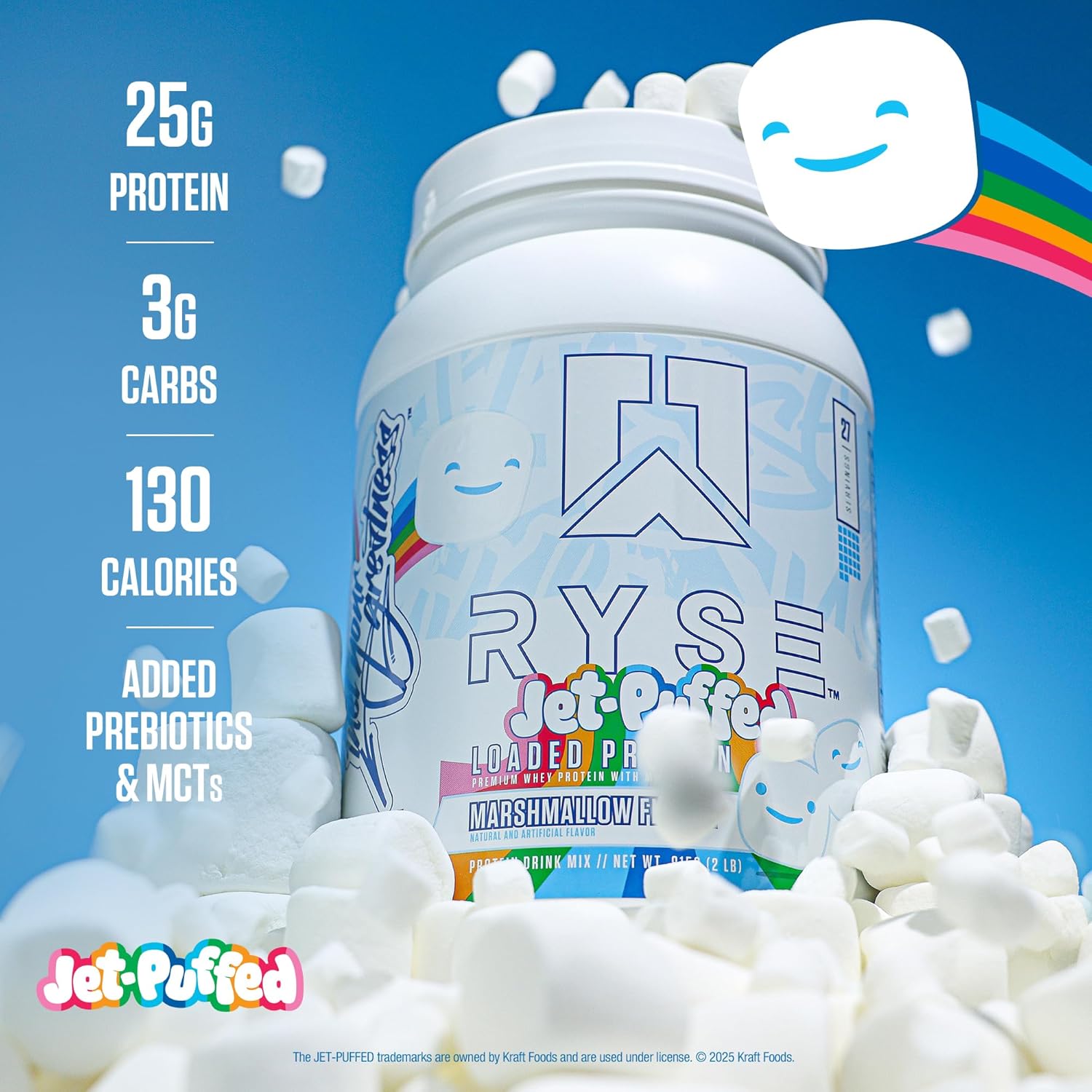 پودر پروتئین وی ایزوله رایز ساپلیمنتس مدل Loaded Whey، ۲۵ گرم پروتئین، ۲۷ سروینگ و طعم مارشمالو