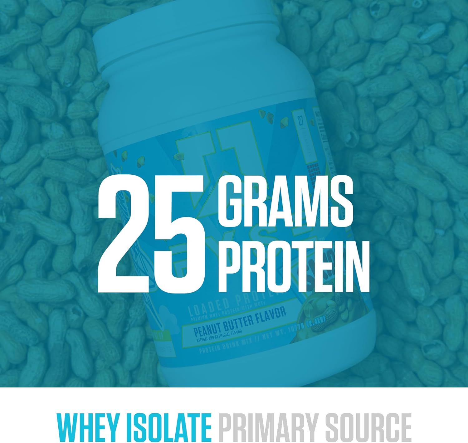پودر پروتئین وی ایزوله رایز ساپلیمنتس مدل Loaded Whey، ۲۵ گرم پروتئین، ۲۷ سروینگ و طعم کره بادام‌زمینی اسکیپی