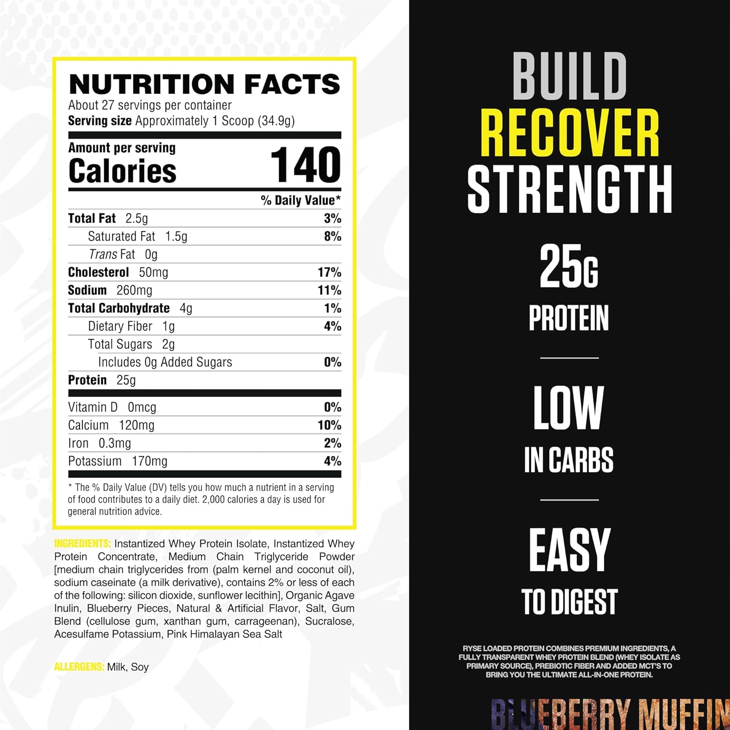 پودر پروتئین وی ایزوله رایز ساپلیمنتس مدل Loaded Whey، ۲۵ گرم پروتئین، ۲۷ سروینگ و طعم مافین بلوبری