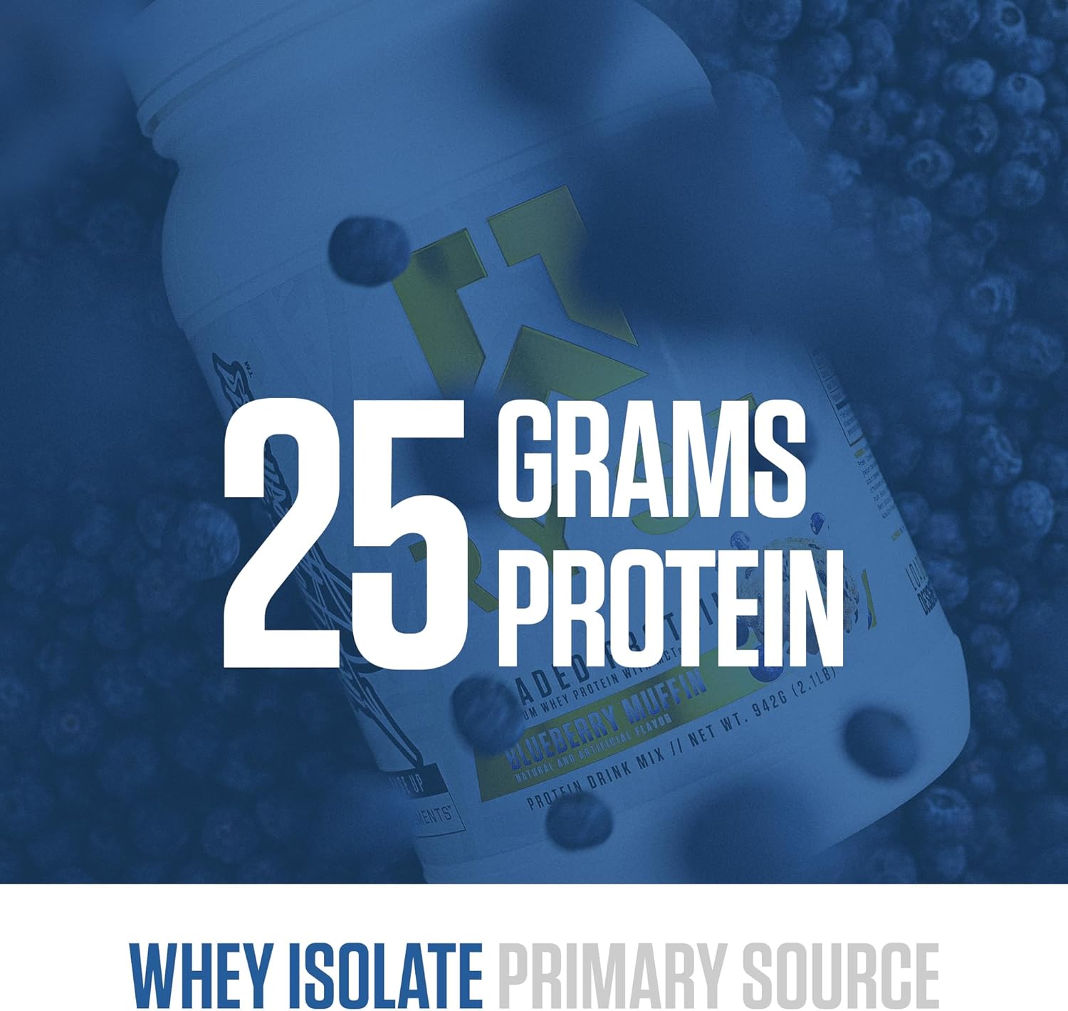پودر پروتئین وی ایزوله رایز ساپلیمنتس مدل Loaded Whey، ۲۵ گرم پروتئین، ۲۷ سروینگ و طعم مافین بلوبری