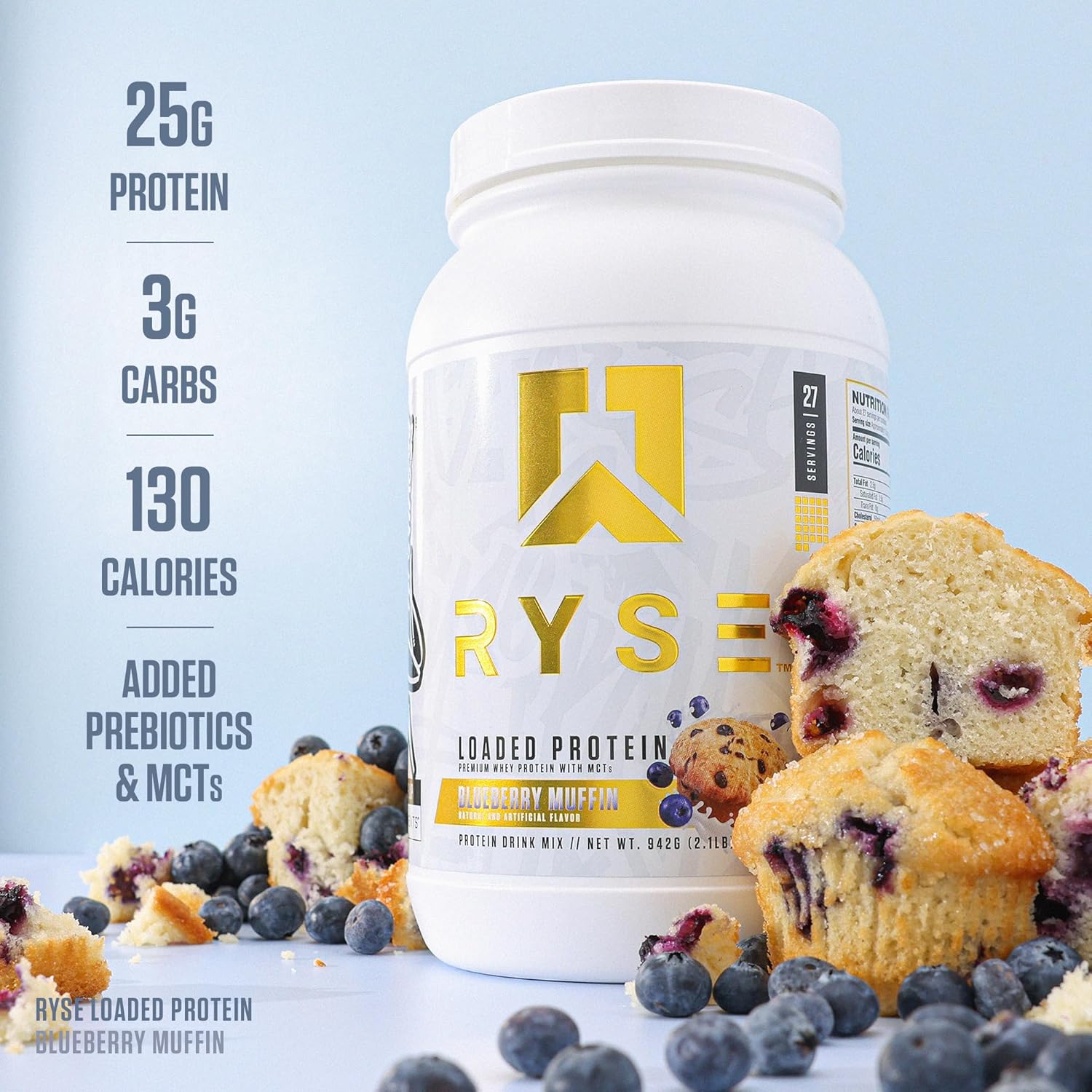 پودر پروتئین وی ایزوله رایز ساپلیمنتس مدل Loaded Whey، ۲۵ گرم پروتئین، ۲۷ سروینگ و طعم مافین بلوبری