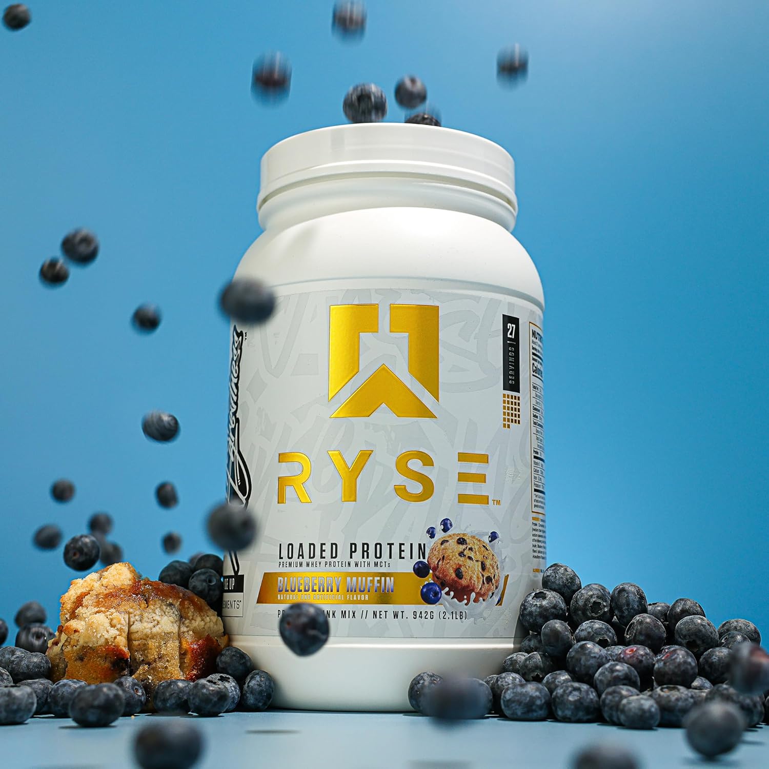 پودر پروتئین وی ایزوله رایز ساپلیمنتس مدل Loaded Whey، ۲۵ گرم پروتئین، ۲۷ سروینگ و طعم مافین بلوبری