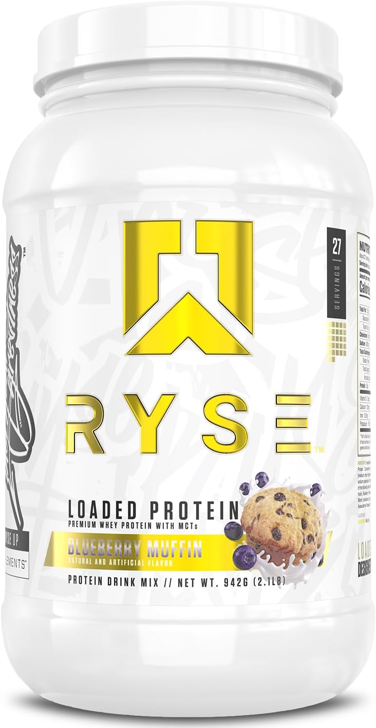 پودر پروتئین وی ایزوله رایز ساپلیمنتس مدل Loaded Whey، ۲۵ گرم پروتئین، ۲۷ سروینگ و طعم مافین بلوبری