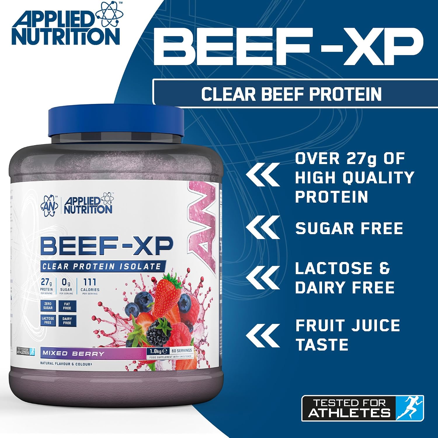 پودر پروتئین گوشت اپلاید نوتریشن مدل Beef XP، ۲۷.۷ گرم پروتئین، بدون شکر، ۱.۸ کیلوگرم و طعم بری مخلوط