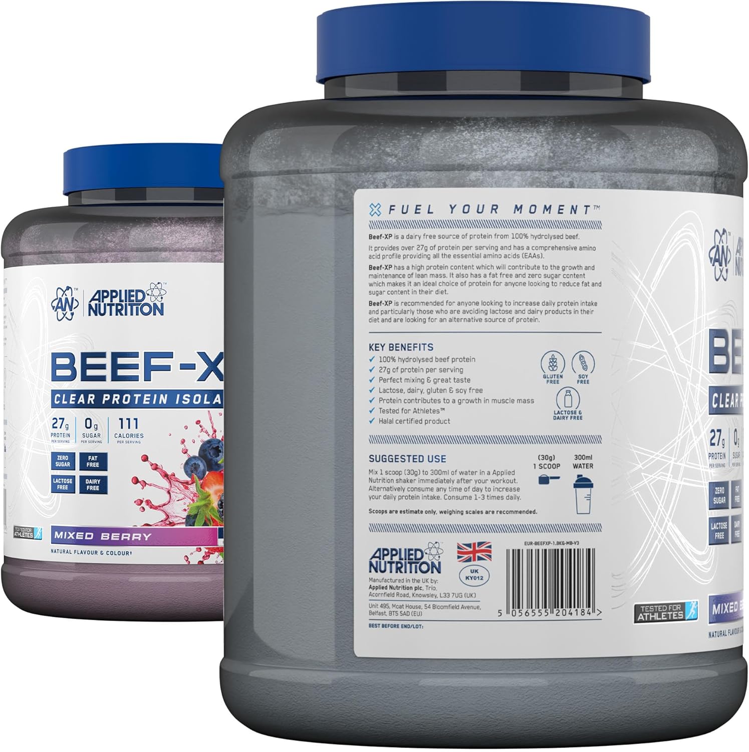 پودر پروتئین گوشت اپلاید نوتریشن مدل Beef XP، ۲۷.۷ گرم پروتئین، بدون شکر، ۱.۸ کیلوگرم و طعم بری مخلوط