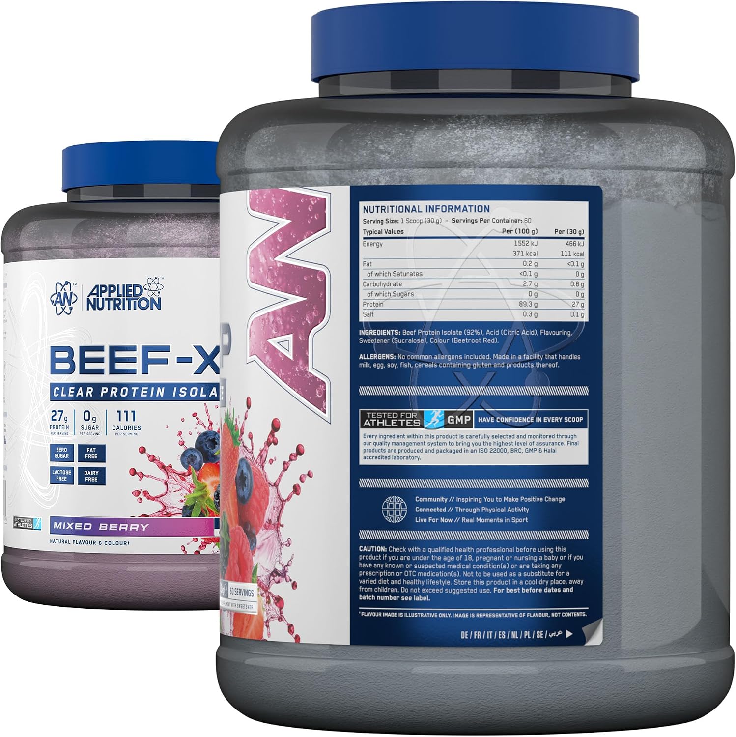 پودر پروتئین گوشت اپلاید نوتریشن مدل Beef XP، ۲۷.۷ گرم پروتئین، بدون شکر، ۱.۸ کیلوگرم و طعم بری مخلوط
