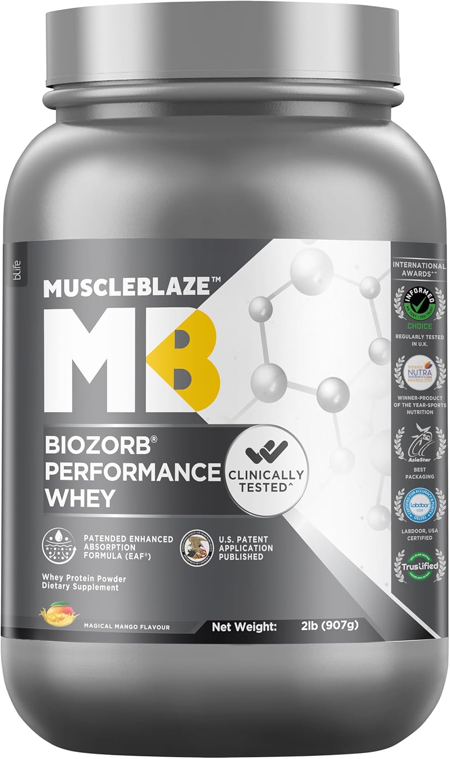 پودر پروتئین وی ماسل‌بلیز مدل Biozorb Performance Whey، ۹۰۷ گرم و طعم انبه