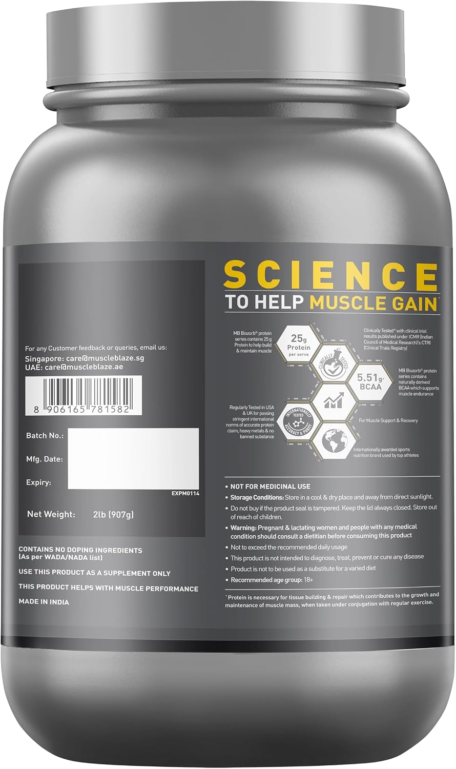 پودر پروتئین وی ماسل‌بلیز مدل Biozorb Performance Whey، ۹۰۷ گرم و طعم انبه