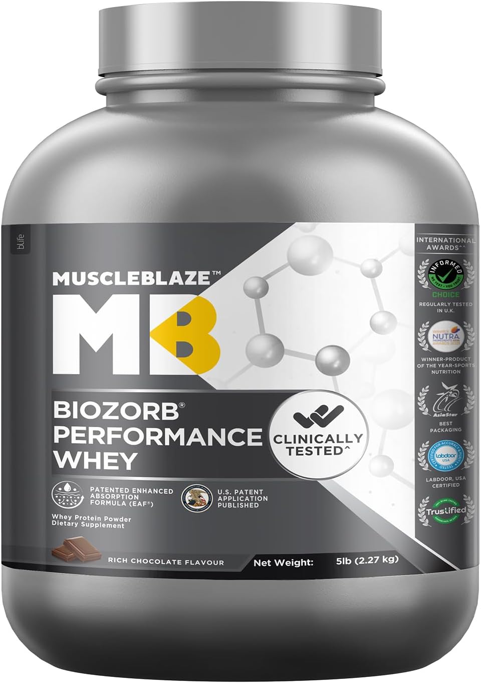 پودر پروتئین وی ماسل‌بلیز مدل Biozorb Performance Whey، ۲.۲۷ کیلوگرم و طعم شکلات غلیظ
