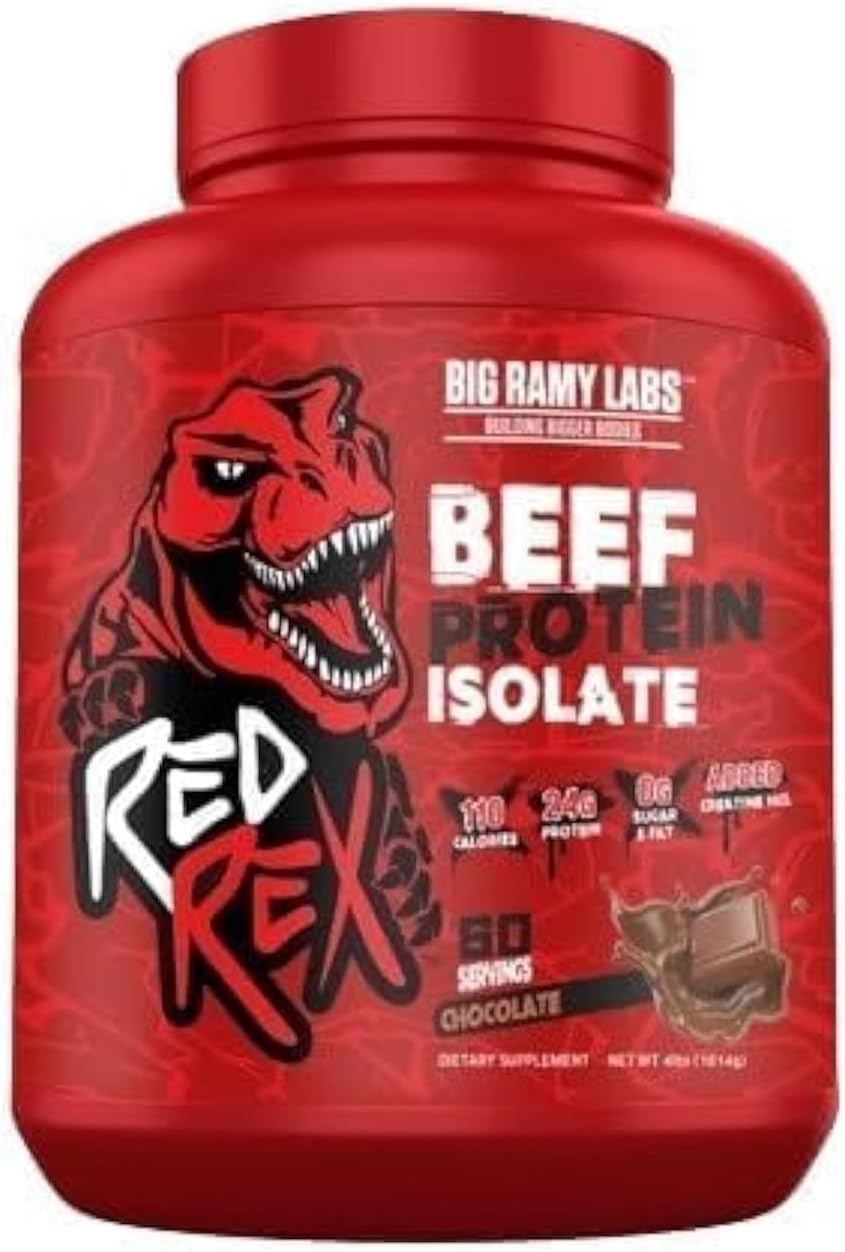 پودر پروتئین گوشت بیگ رامی لبز مدل Red Rex Beef Protein Isolate، ۲۴ گرم پروتئین، ۴ پوند و طعم شکلات