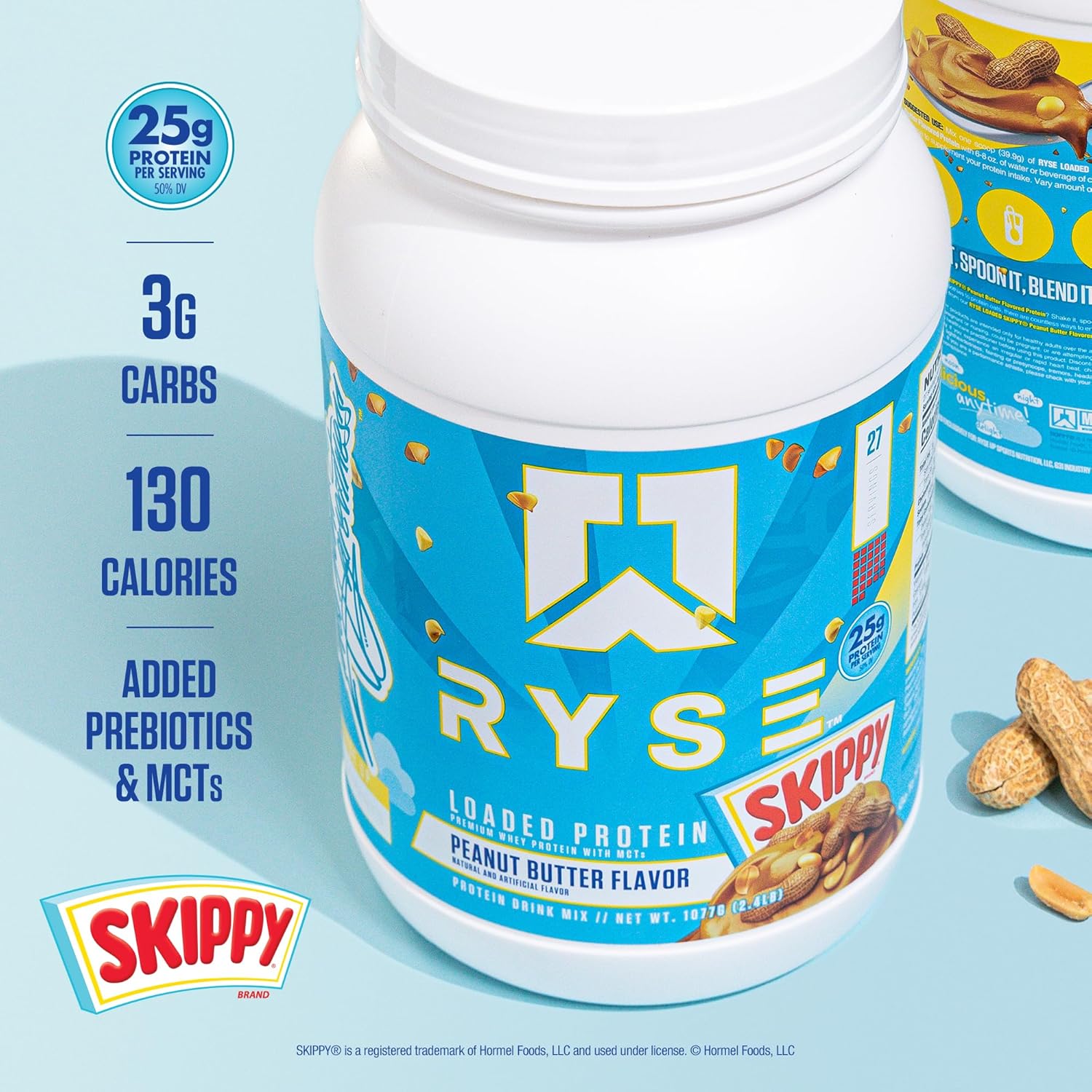 پودر پروتئین وی ایزوله رایز ساپلیمنتس مدل Loaded Whey، ۲۵ گرم پروتئین، ۲۰ سروینگ و طعم کره بادام‌زمینی اسکیپی