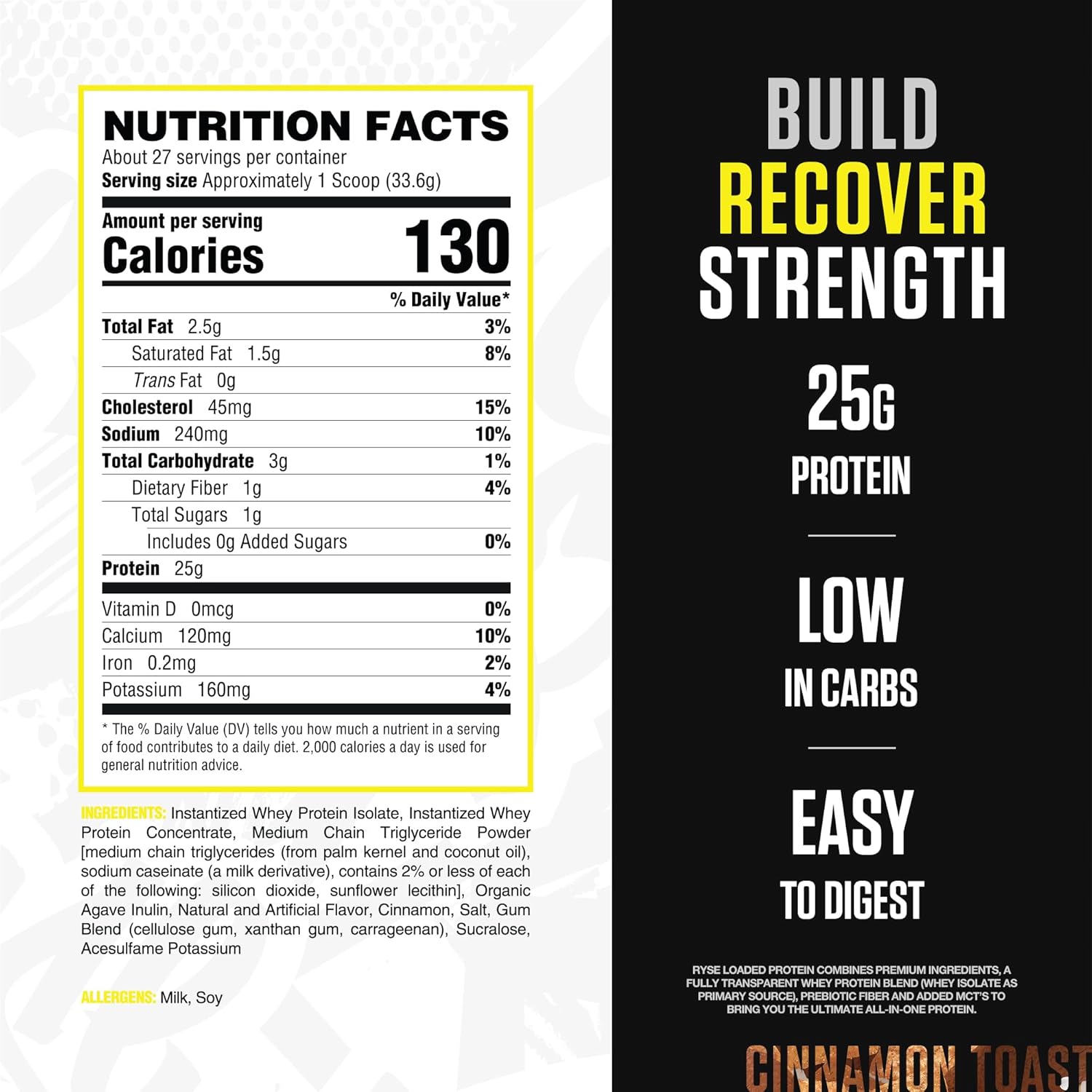 پودر پروتئین وی ایزوله رایز ساپلیمنتس مدل Loaded Whey، ۲۵ گرم پروتئین، ۲۰ سروینگ و طعم نان دارچینی