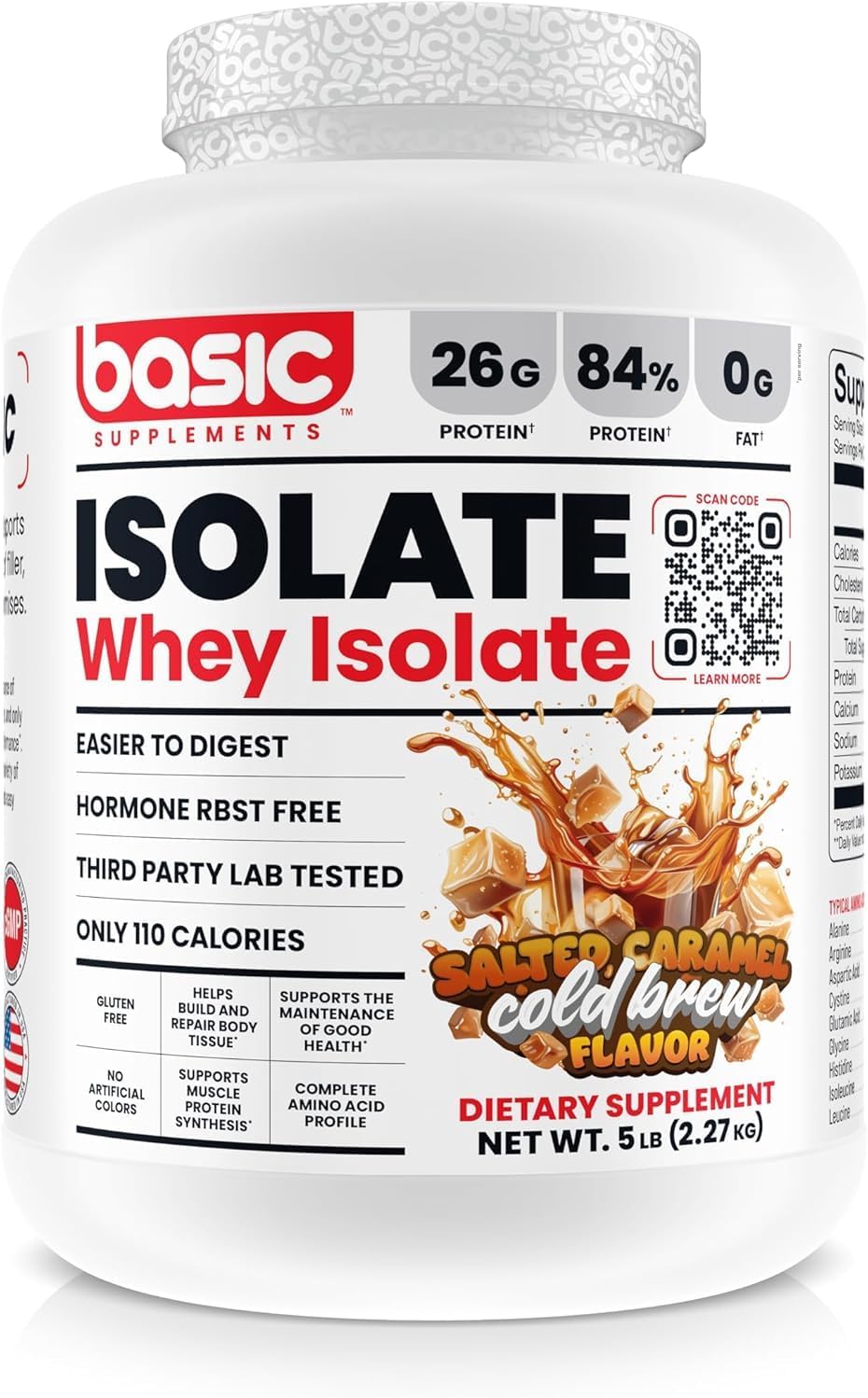 پودر پروتئین وی ایزوله بیسیک ساپلیمنتس مدل Basic Whey Isolate، ۲۶ گرم پروتئین، ۵ پوند و طعم کولدبرو کارامل نمکی