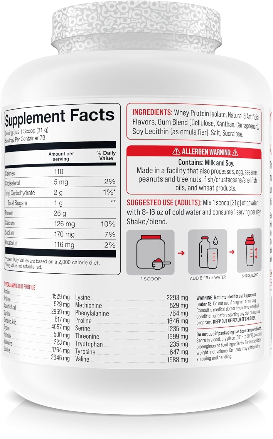 پودر پروتئین وی ایزوله بیسیک ساپلیمنتس مدل Basic Whey Isolate، ۲۶ گرم پروتئین، ۵ پوند و طعم کولدبرو کارامل نمکی