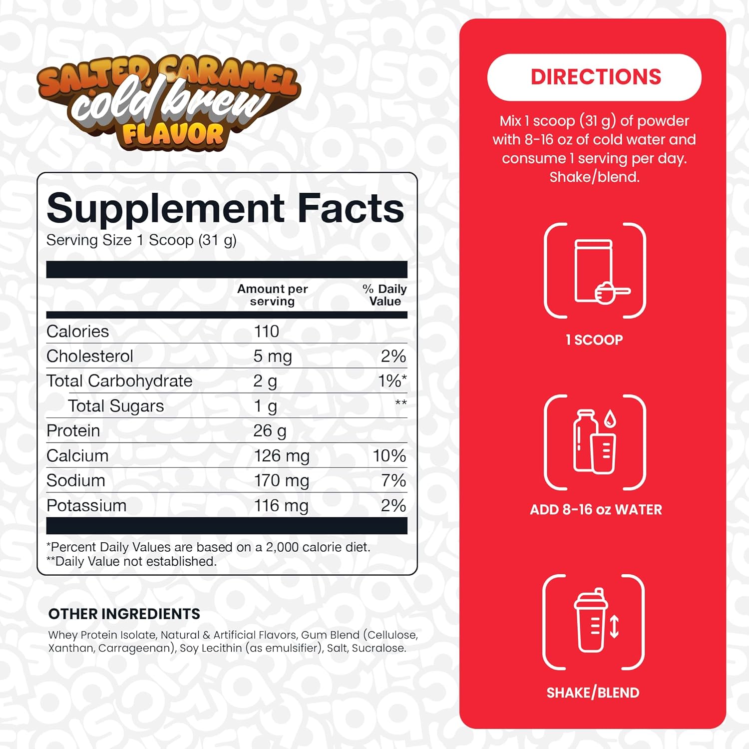 پودر پروتئین وی ایزوله بیسیک ساپلیمنتس مدل Basic Whey Isolate، ۲۶ گرم پروتئین، ۵ پوند و طعم کولدبرو کارامل نمکی