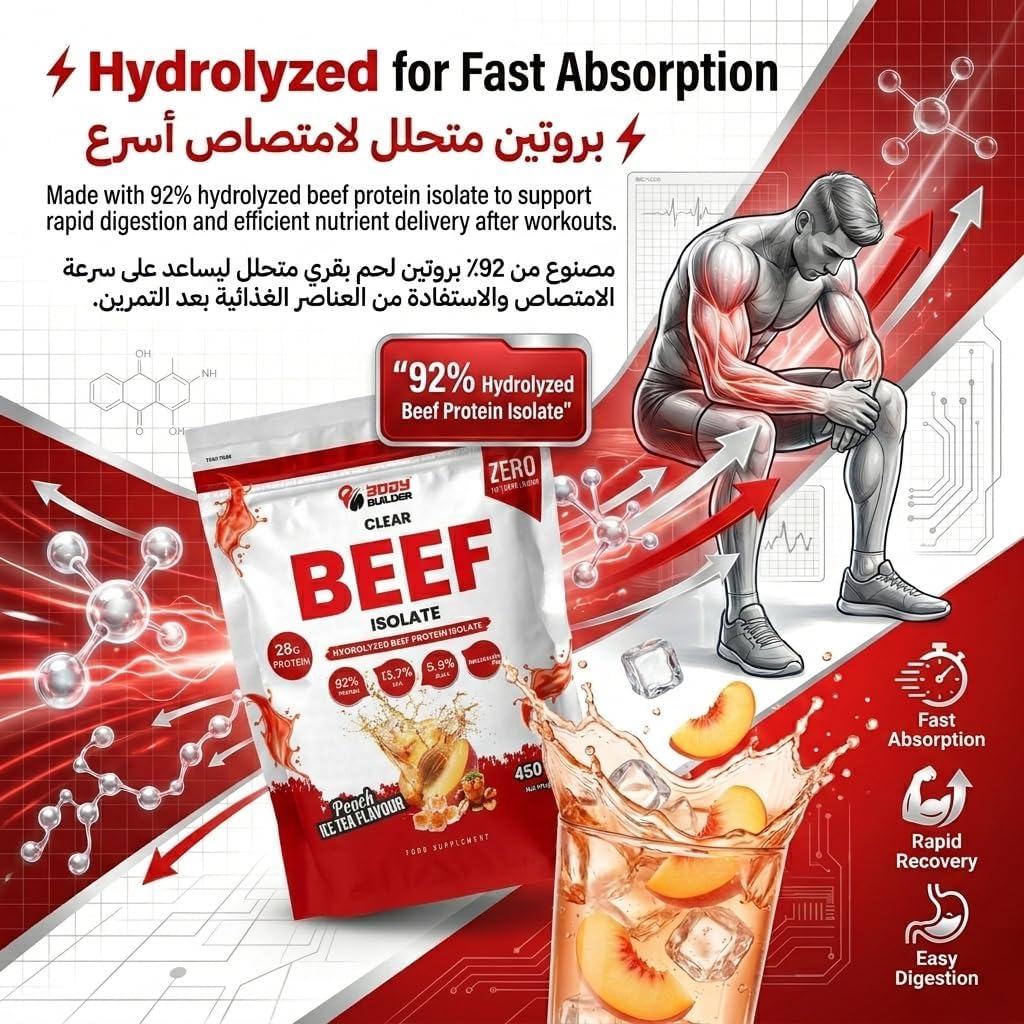 پودر پروتئین گوشت بادی بیلدر مدل ISO Beef Clear، بدون شکر و طعم چای هلو