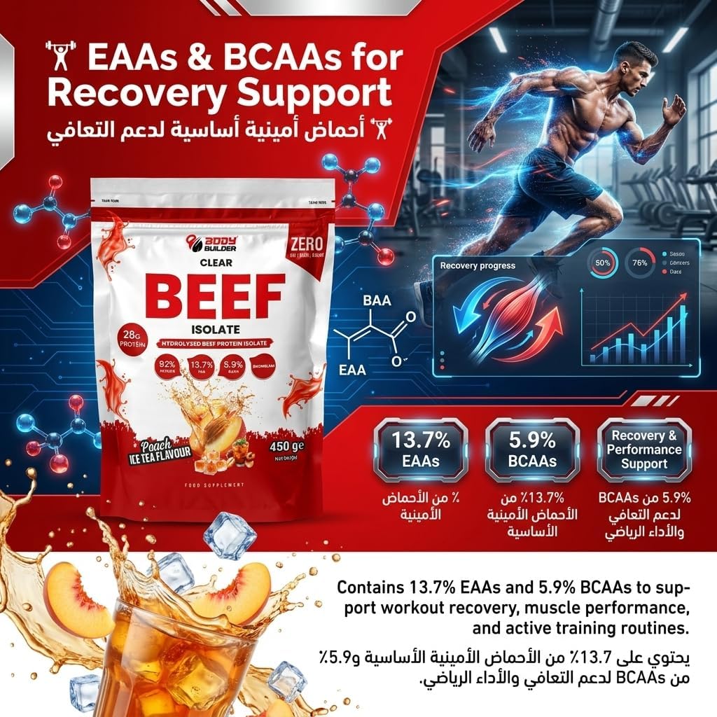 پودر پروتئین گوشت بادی بیلدر مدل ISO Beef Clear، بدون شکر و طعم چای هلو