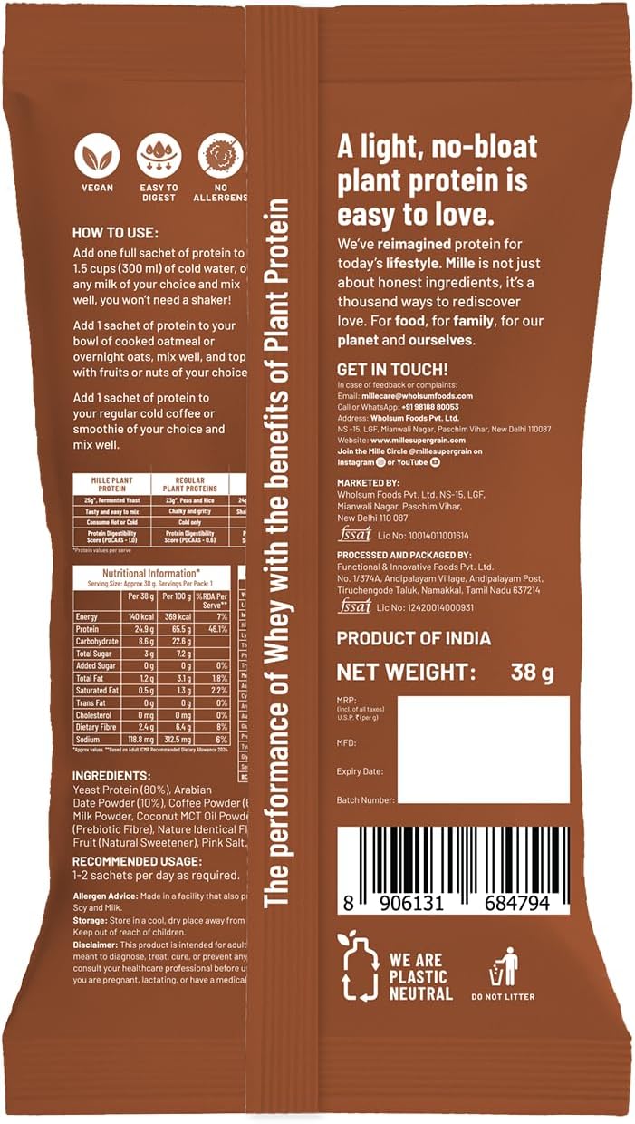 پودر پروتئین گیاهی میله مدل Millé Plant Protein، ۲۵ گرم پروتئین، بدون شکر افزوده، ۳۸ گرم و طعم قهوه فندقی