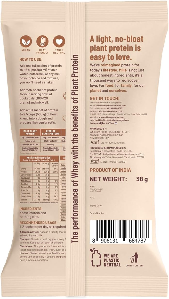 پودر پروتئین گیاهی میله مدل Millé Plant Protein، ۲۵ گرم پروتئین، بدون شکر افزوده، ۳۸ گرم و طعم قهوه فندقی