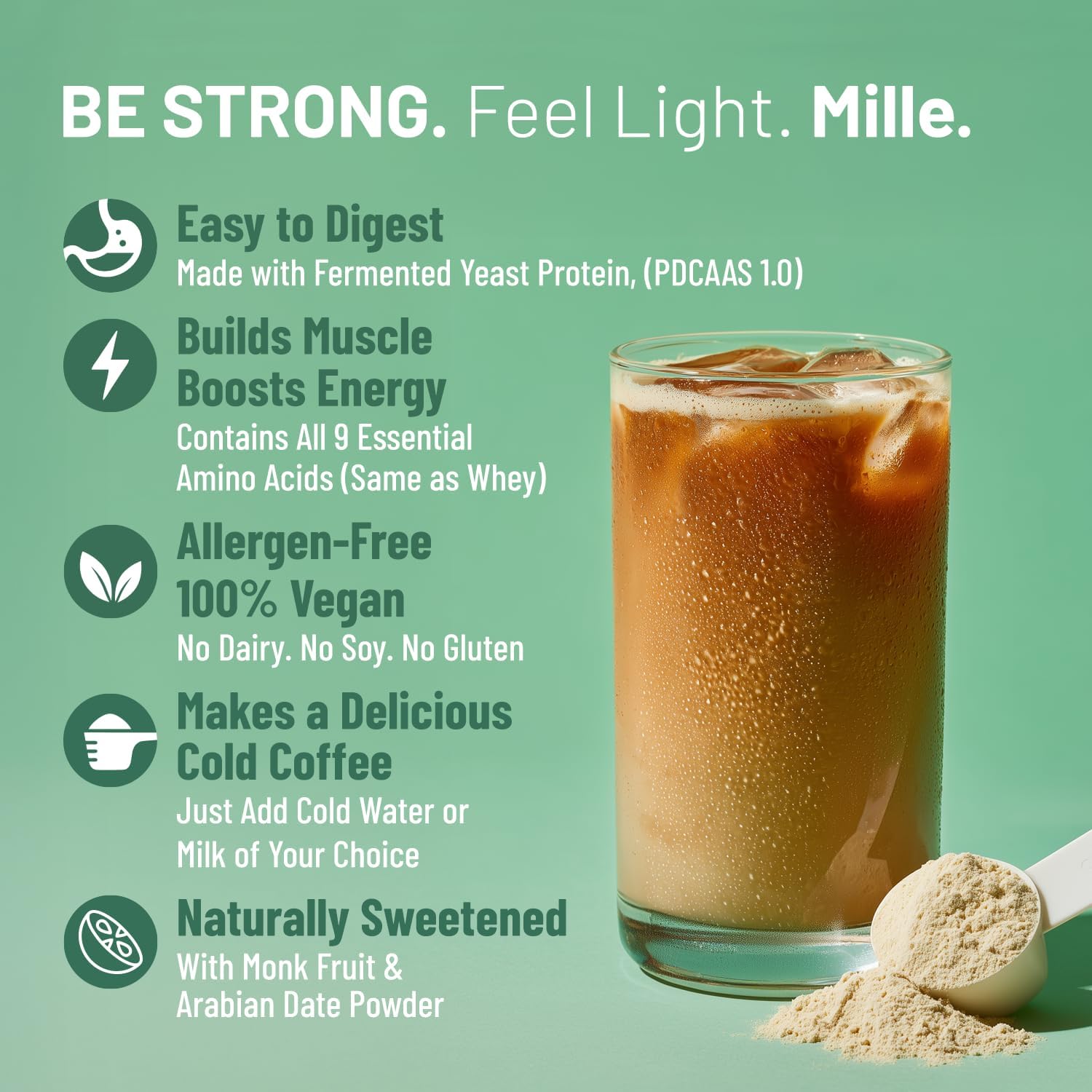 پودر پروتئین گیاهی میله مدل Millé Plant Protein، ۲۵ گرم پروتئین، بدون شکر افزوده، ۳۸ گرم و طعم قهوه فندقی