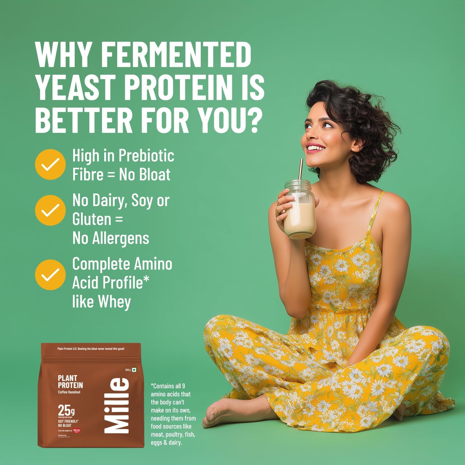 پودر پروتئین گیاهی میله مدل Millé Plant Protein، ۲۵ گرم پروتئین، بدون شکر افزوده، ۳۸ گرم و طعم قهوه فندقی