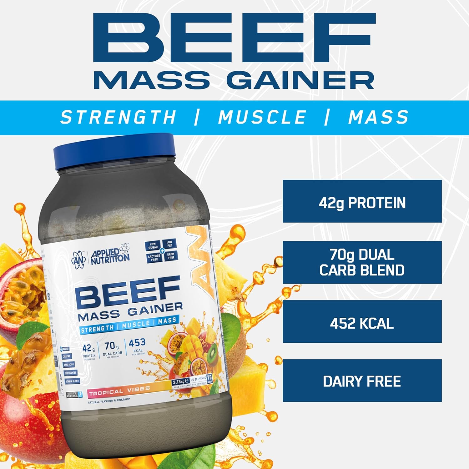 گینر افزایش وزن اپلاید نوتریشن مدل Beef Mass Gainer، ۳.۱۳ کیلوگرم و طعم میوه‌های استوایی