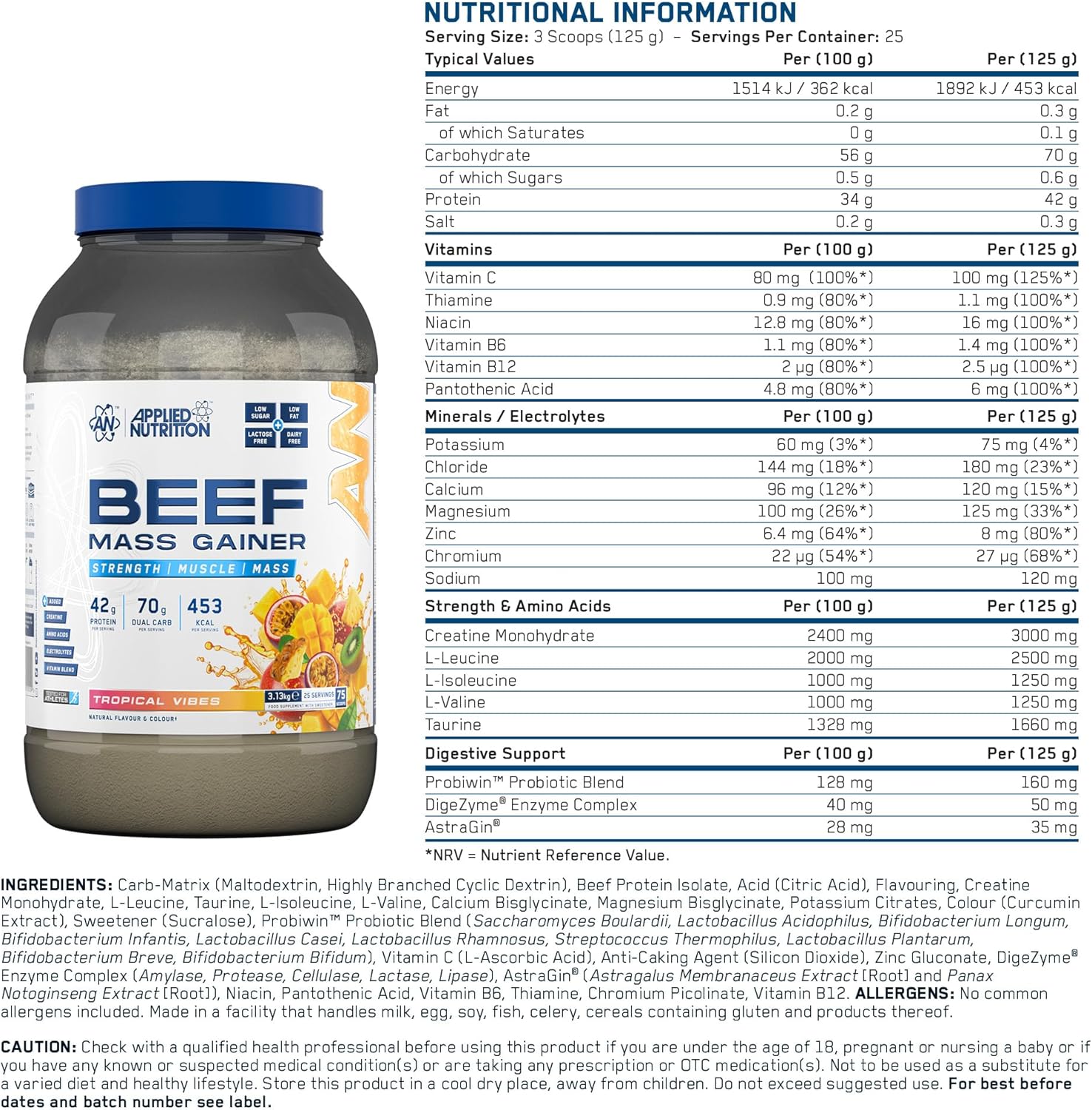 گینر افزایش وزن اپلاید نوتریشن مدل Beef Mass Gainer، ۳.۱۳ کیلوگرم و طعم میوه‌های استوایی