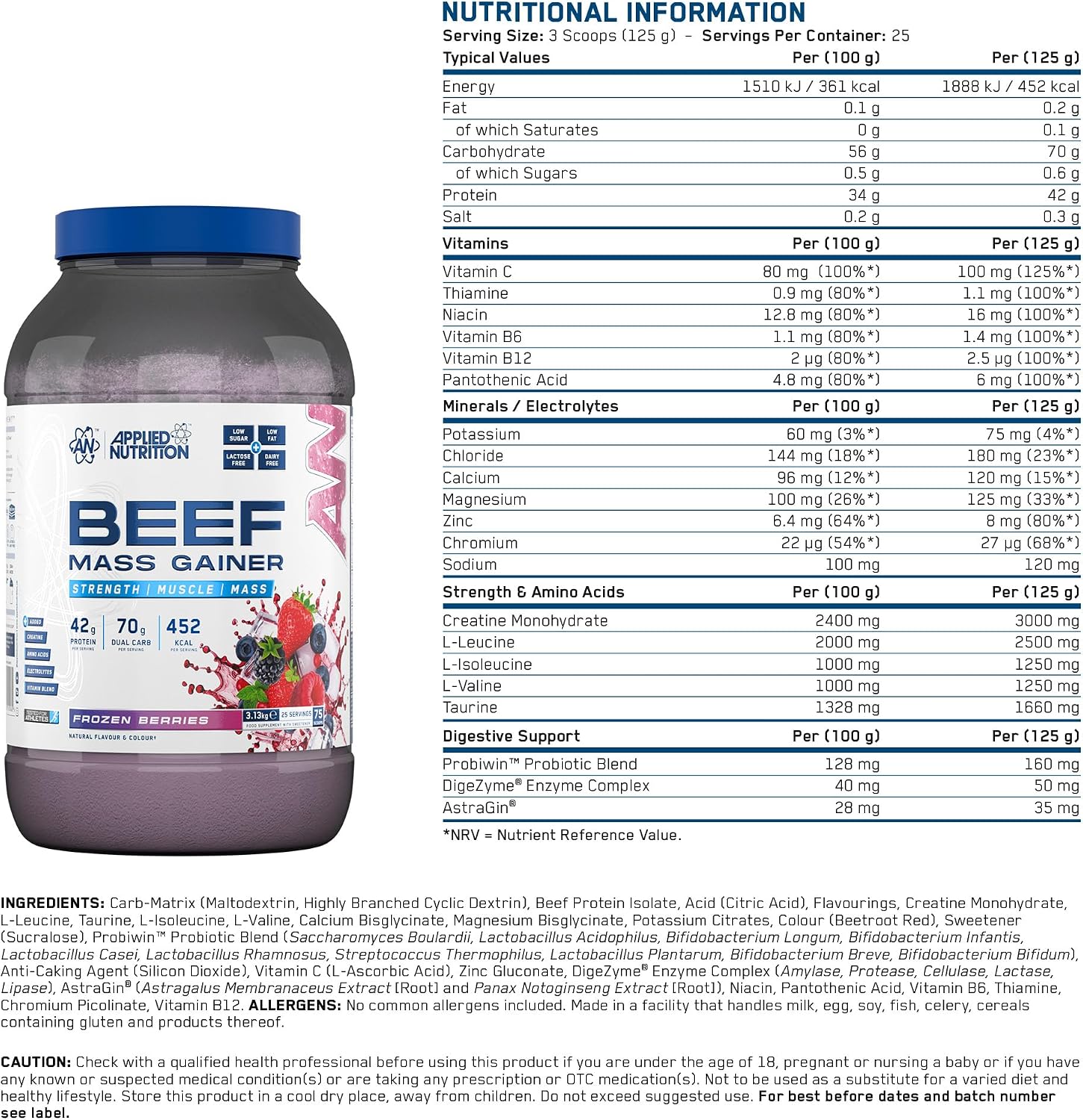 گینر افزایش وزن اپلاید نوتریشن مدل Beef Mass Gainer، ۳.۱۳ کیلوگرم و طعم بری یخ‌زده