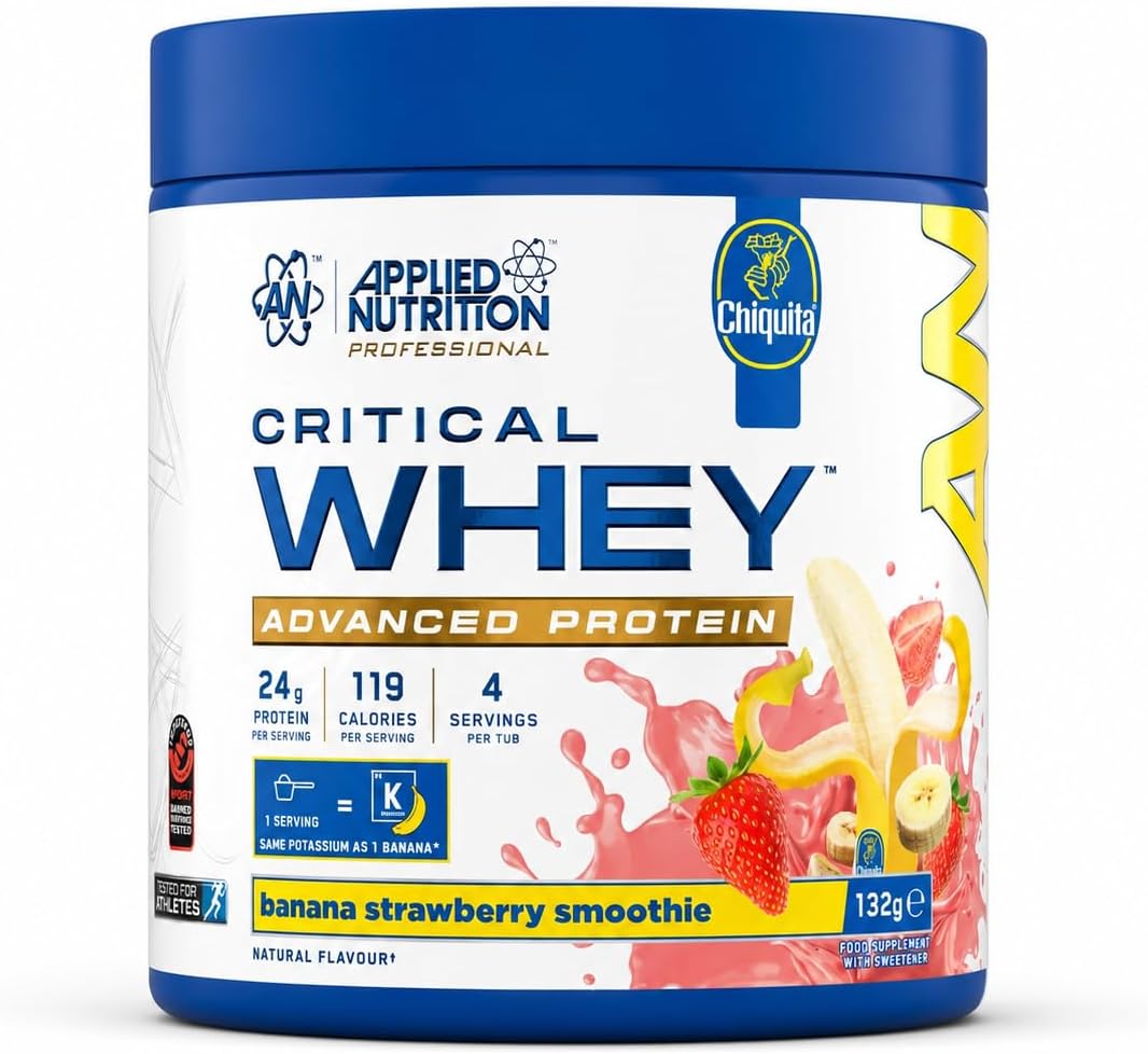 پودر پروتئین وی اپلاید نوتریشن مدل Critical Whey، ۲۴ گرم پروتئین، ۴ سروینگ و طعم اسموتی موز و توت‌فرنگی