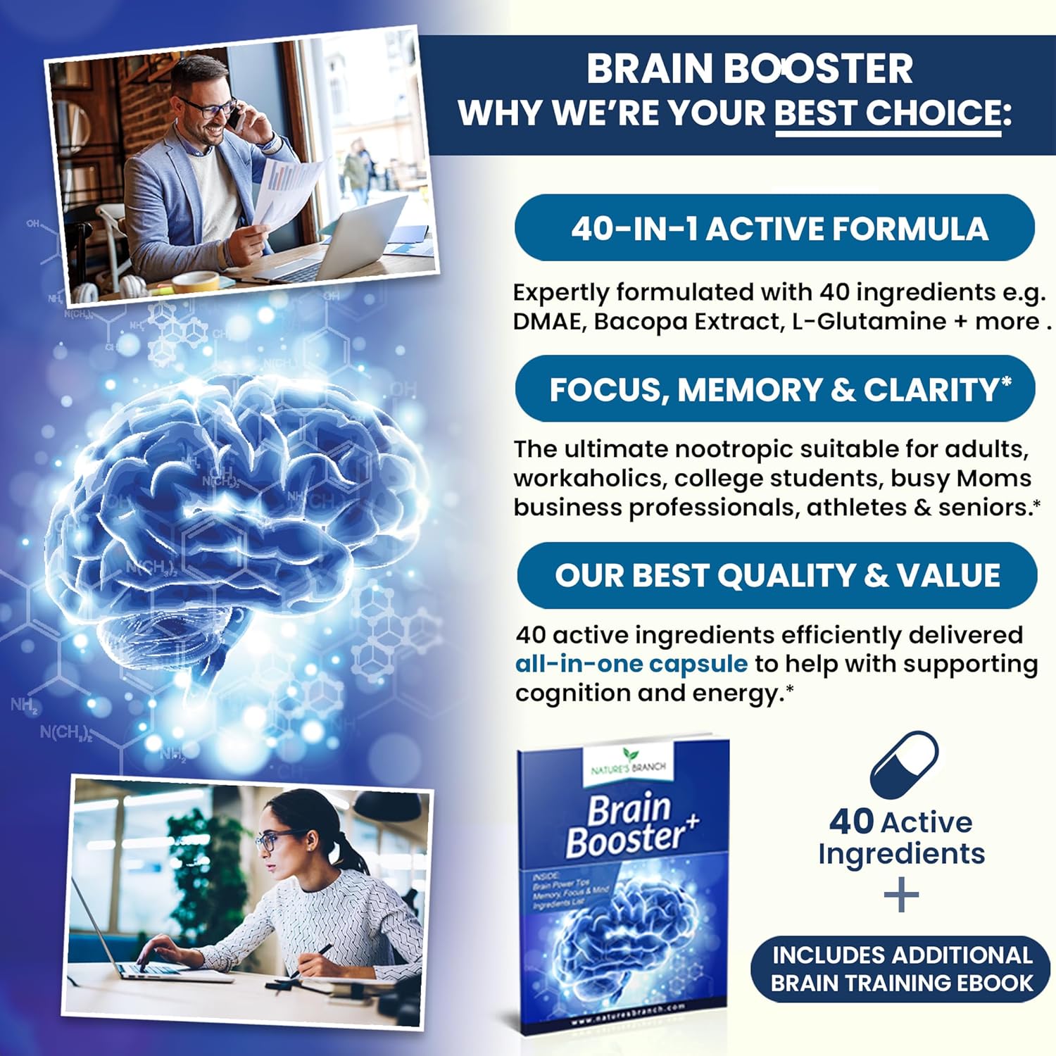 مکمل نوتروپیک حافظه و تمرکز Nature's Branch، 60 کپسول