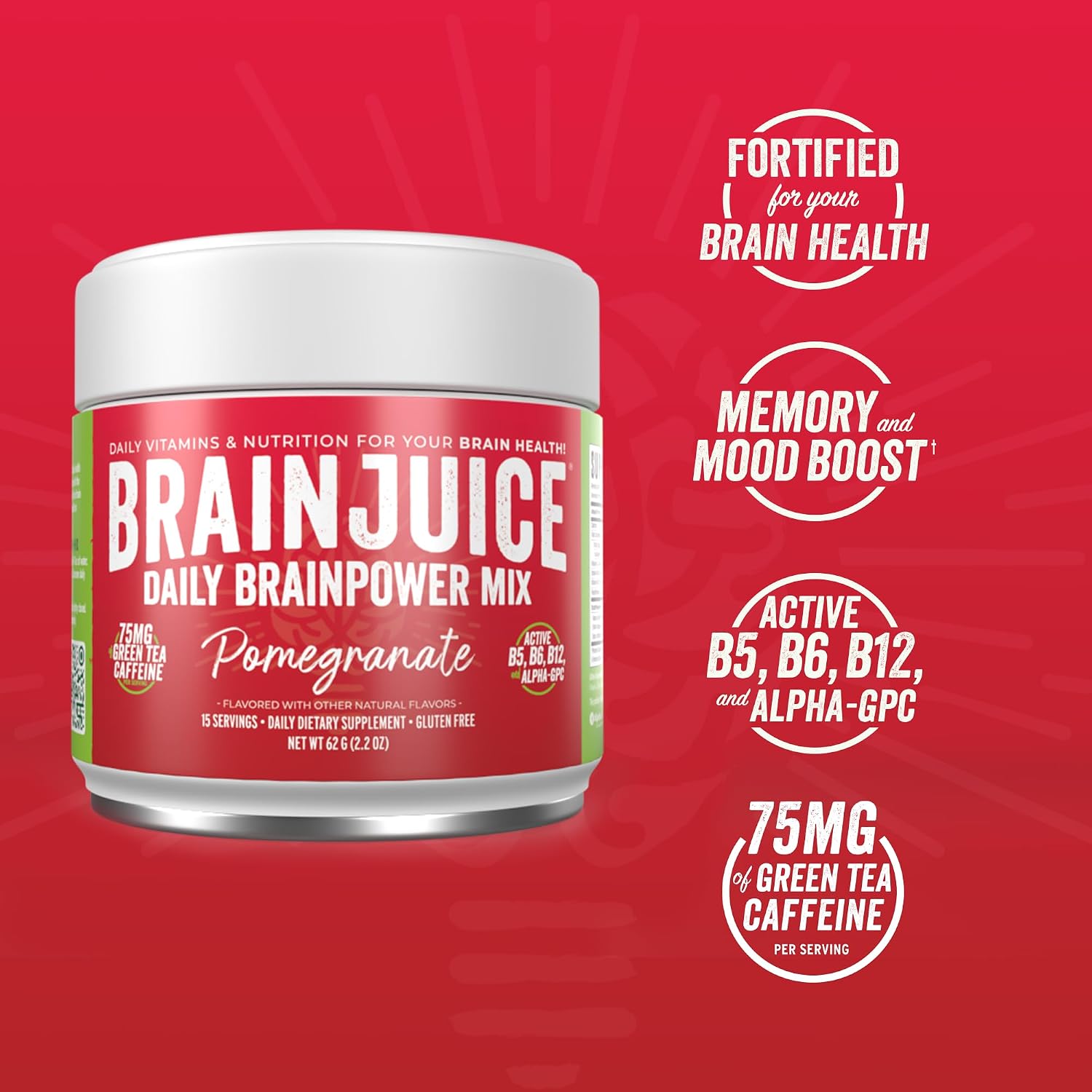 نوشیدنی نوتروپیک انرژی و تمرکز BrainJuice، 15 وعده، طعم انار