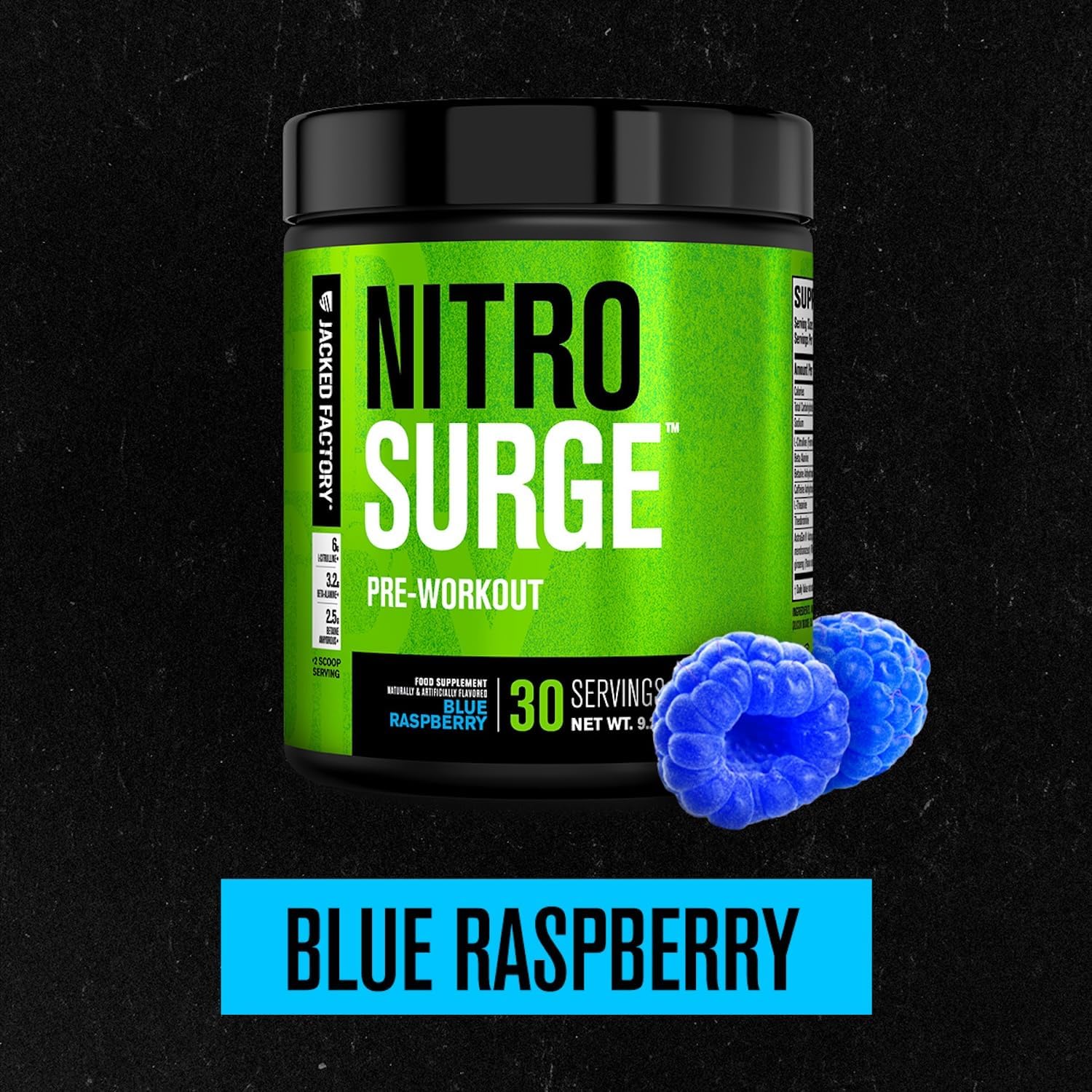 مکمل پری‌ورک‌اوت Jacked Factory مدل NITROSURGE، 30 وعده، طعم تمشک آبی