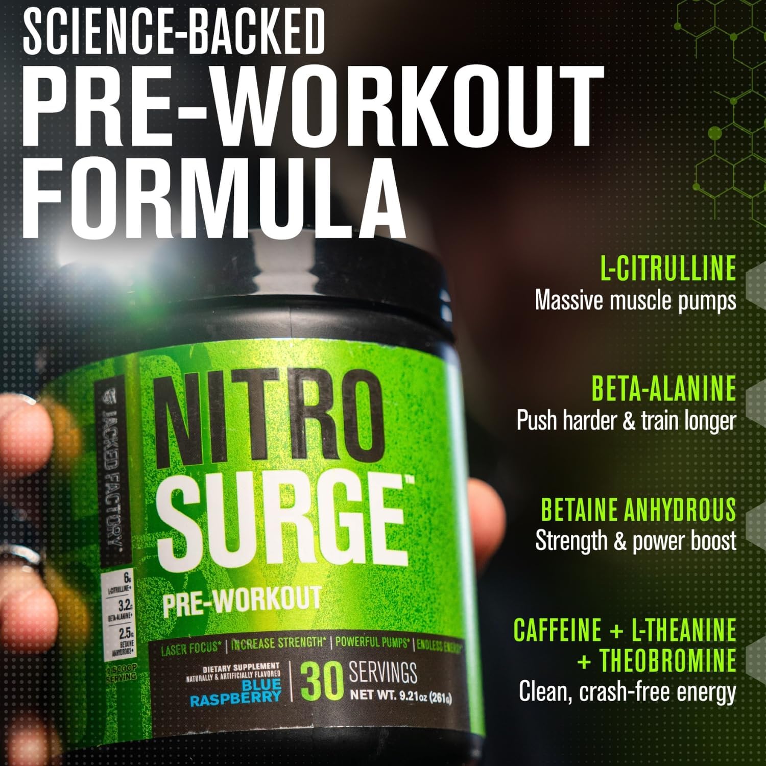 مکمل پری‌ورک‌اوت Jacked Factory مدل NITROSURGE، 30 وعده، طعم تمشک آبی