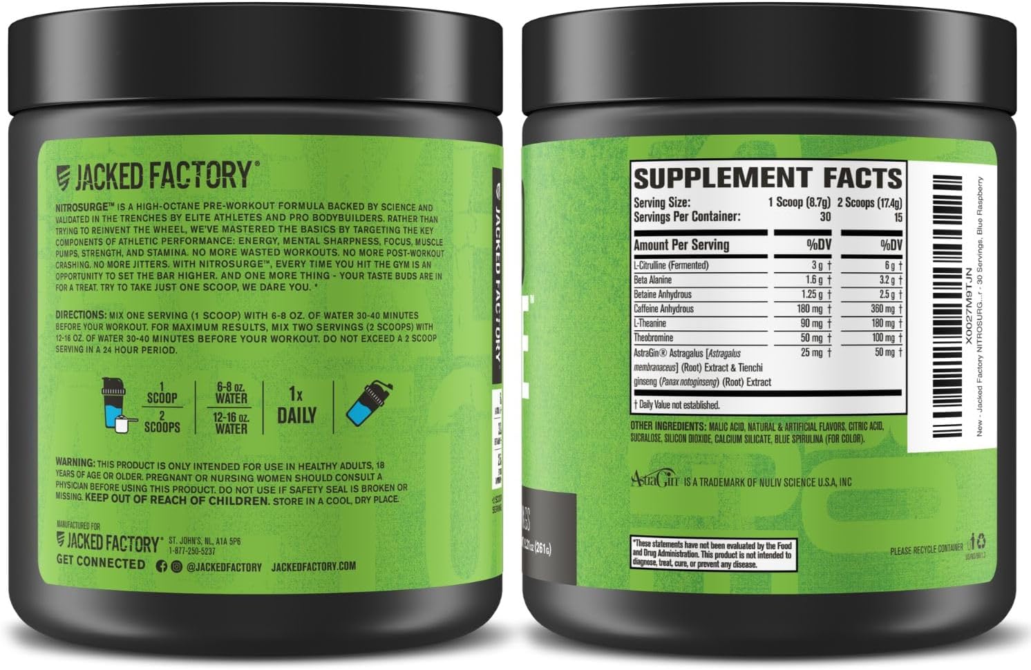 مکمل پری‌ورک‌اوت Jacked Factory مدل NITROSURGE، 30 وعده، طعم تمشک آبی