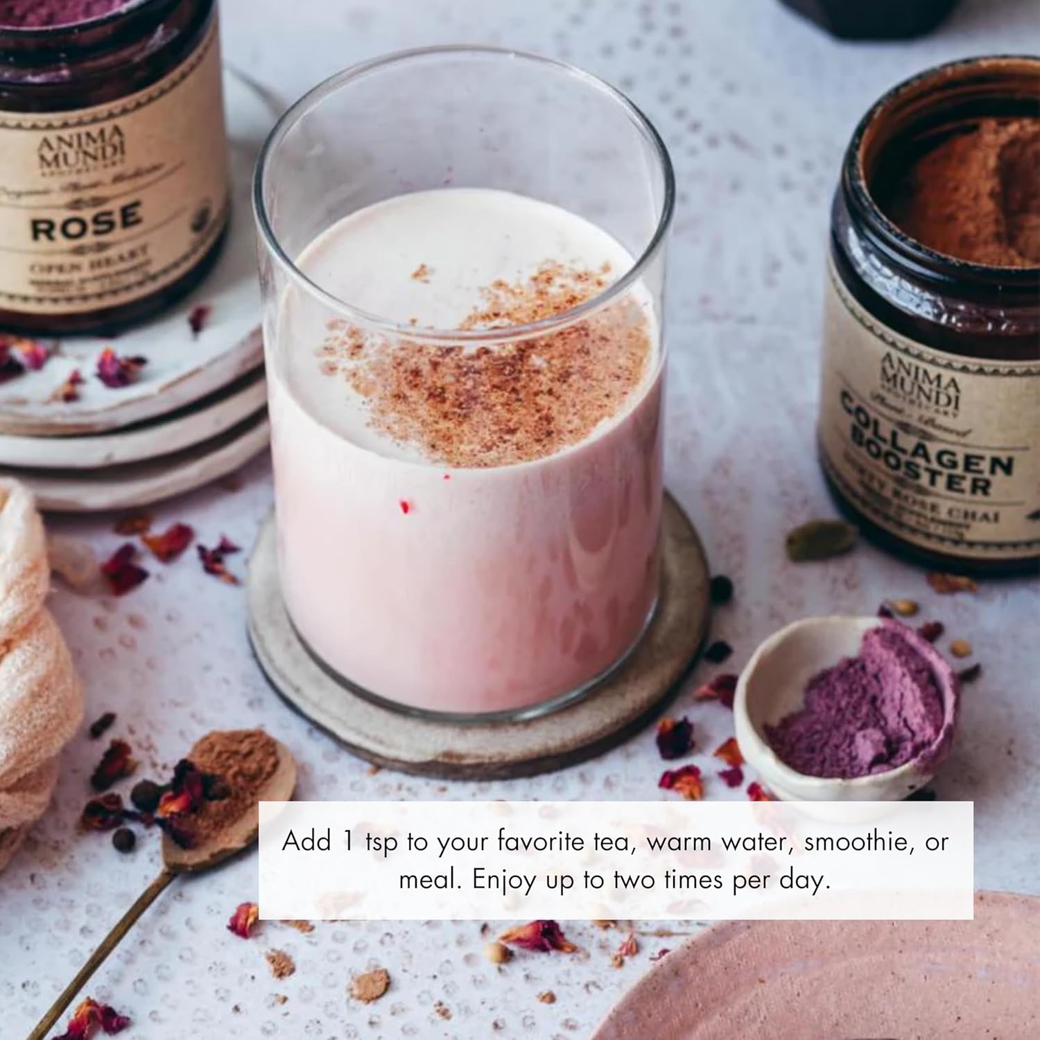 پودر کلاژن‌ساز Anima Mundi Apothecary مدل Collagen Booster، 4 اونس، طعم وانیل، رز و چای ادویه‌ای