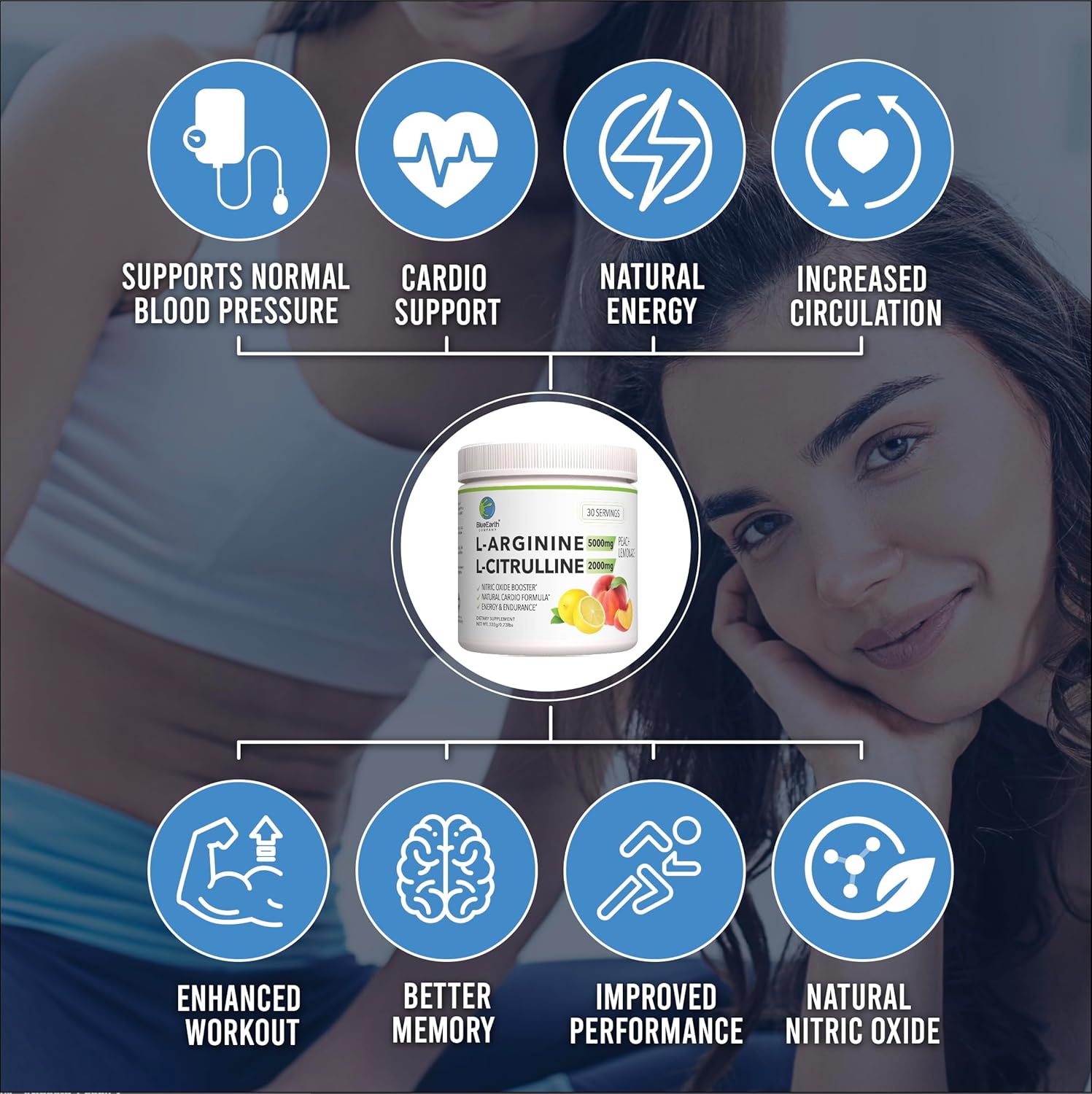 پودر L-Arginine و تقویت نیتریک اکساید BlueEarth Company، 5000 میلی‌گرم، 2000 میلی‌گرم، طعم لیمو