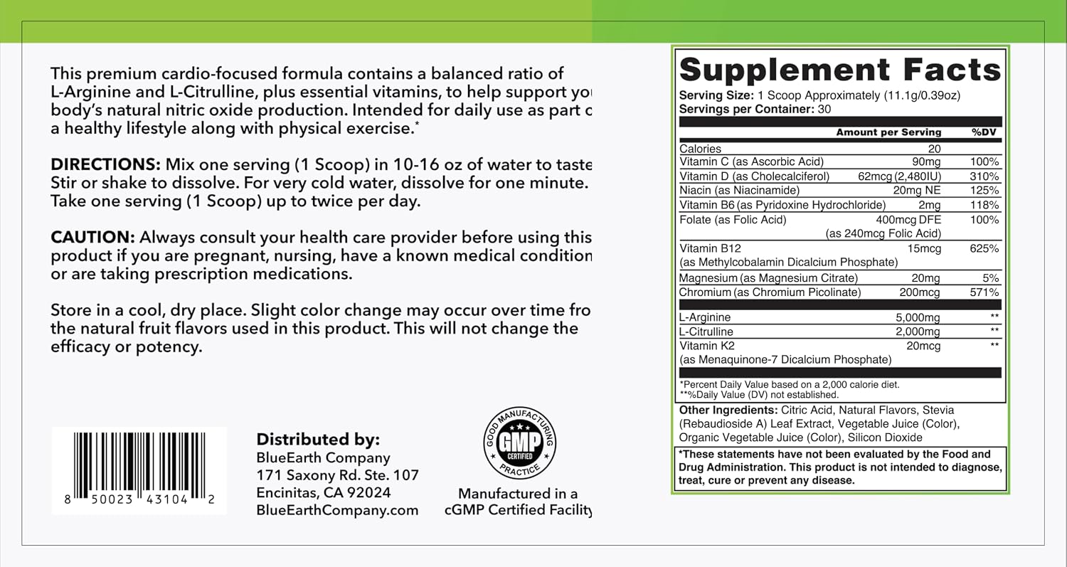 پودر L-Arginine و تقویت نیتریک اکساید BlueEarth Company، 5000 میلی‌گرم، 2000 میلی‌گرم، طعم لیمو