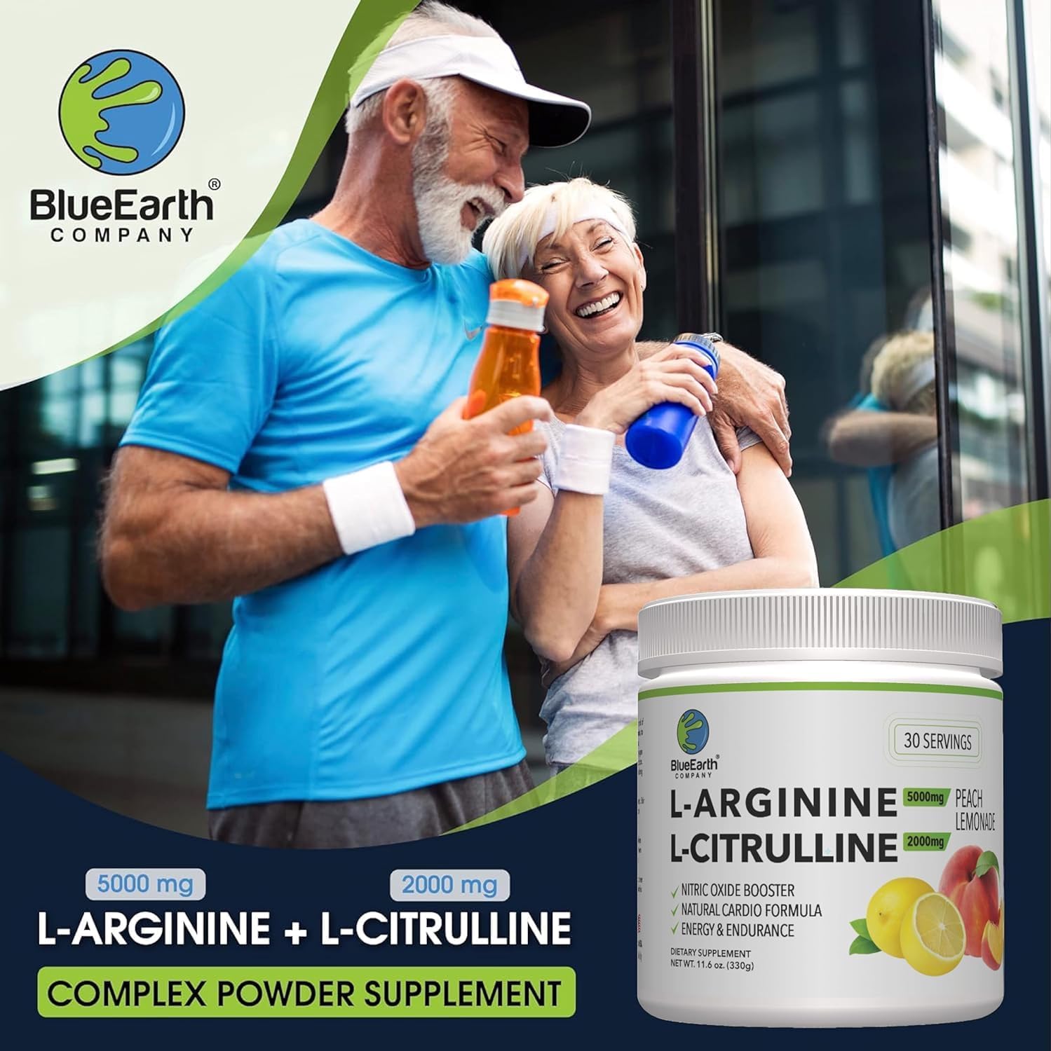 پودر L-Arginine و تقویت نیتریک اکساید BlueEarth Company، 5000 میلی‌گرم، 2000 میلی‌گرم، طعم لیمو