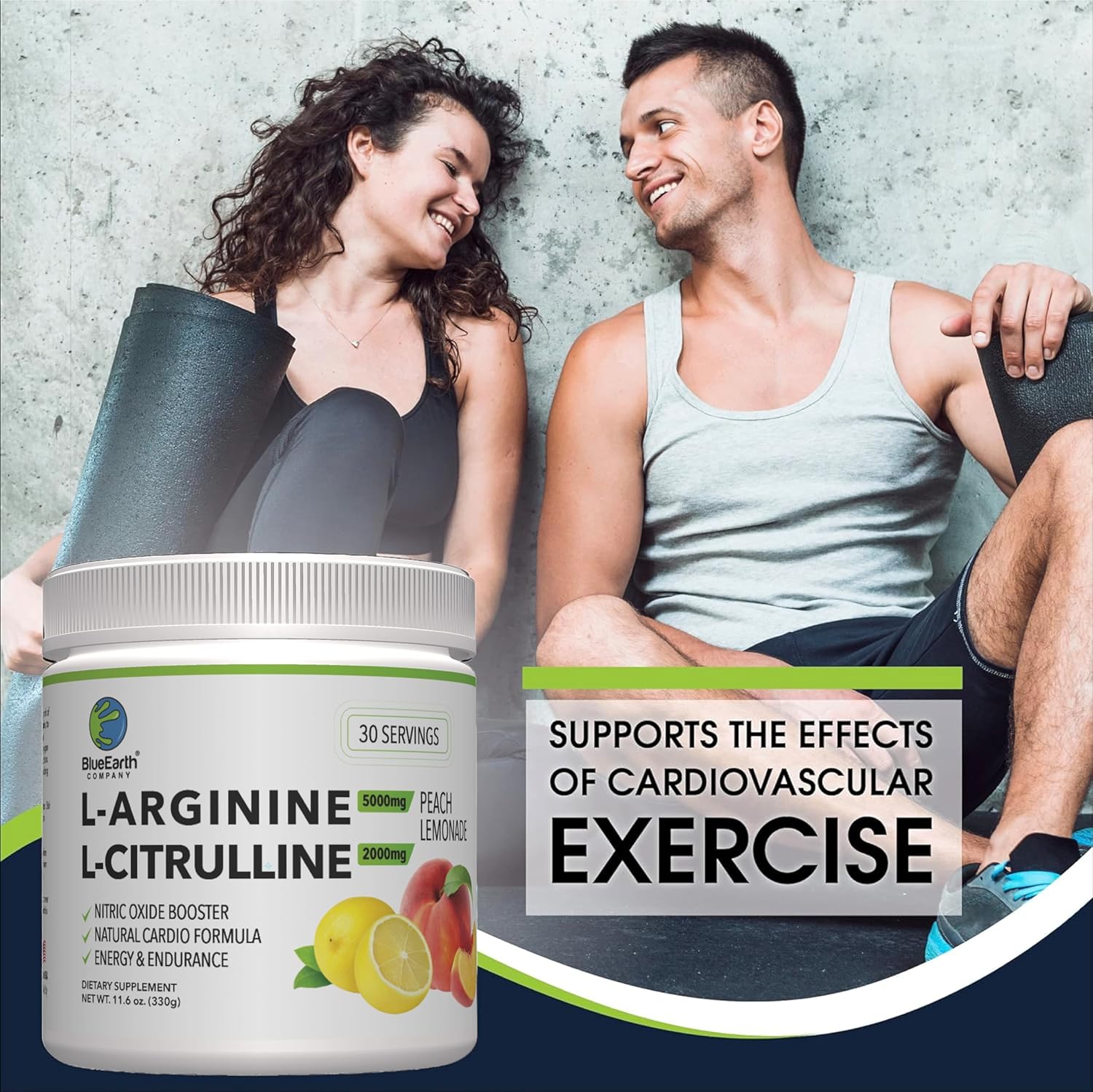 پودر L-Arginine و تقویت نیتریک اکساید BlueEarth Company، 5000 میلی‌گرم، 2000 میلی‌گرم، طعم لیمو