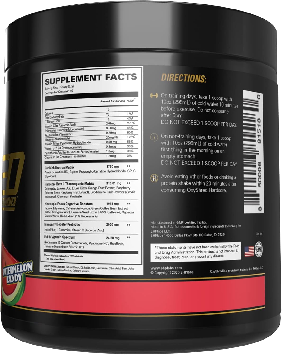 مکمل پری‌ورک‌اوت EHP LABS مدل OxyShred HARDCORE، 40 وعده، طعم هندوانه